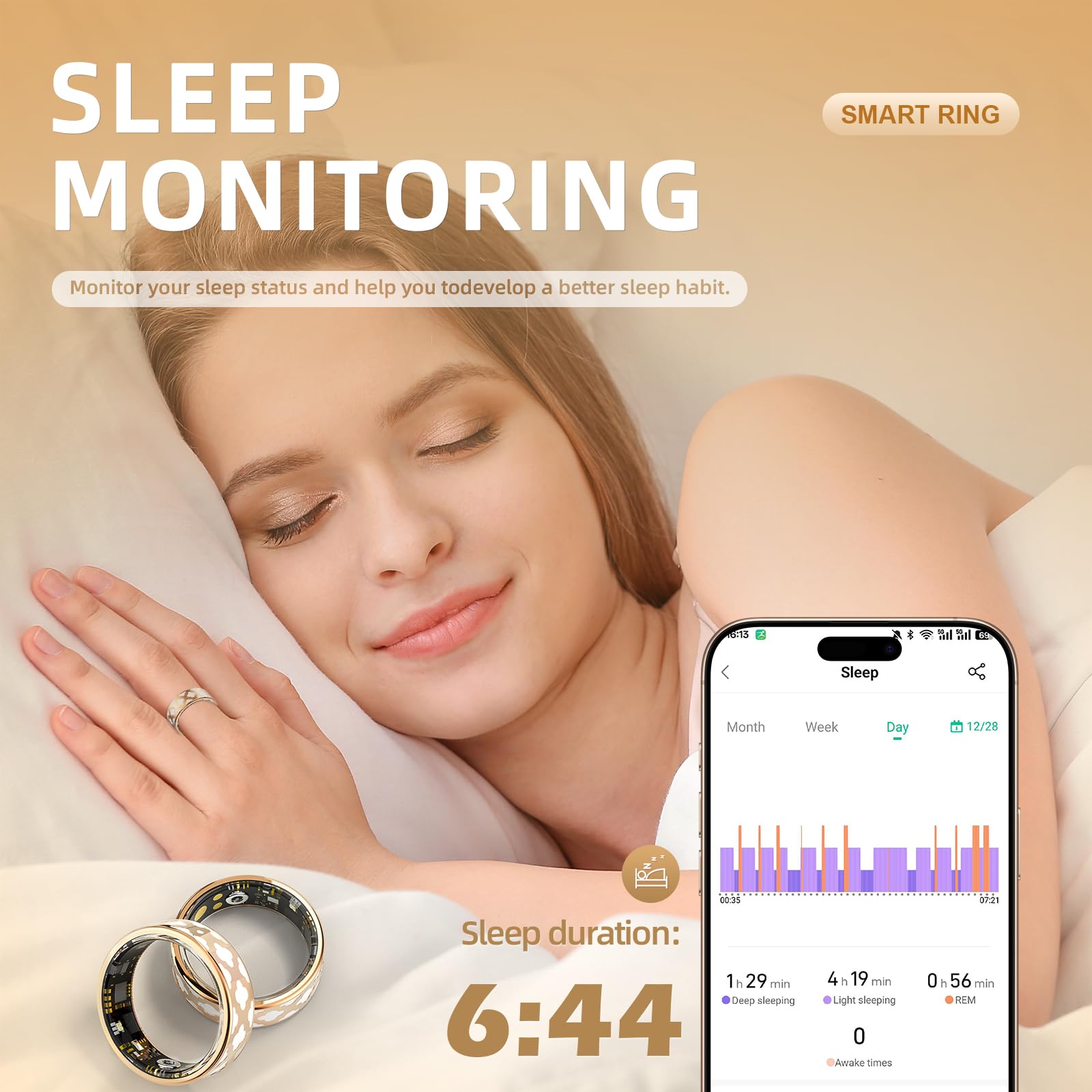 Bague Connectée Élégante pour Femme & Homme, Smart Ring Traqueur de Santé avec Fréquence Cardiaque, Oxygène Sanguin, Sommeil, Podomètre, 10ATM Étanche, Compatible iOS/Android, Fitness Ring (10)