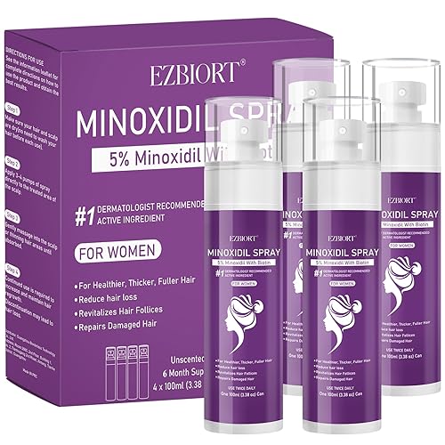 Spray de minoxidil al 5% para mujeres, 4 piezas, monóxido para cabello de hombre infundido con biotina, tratamiento de recrecimiento del cabello,