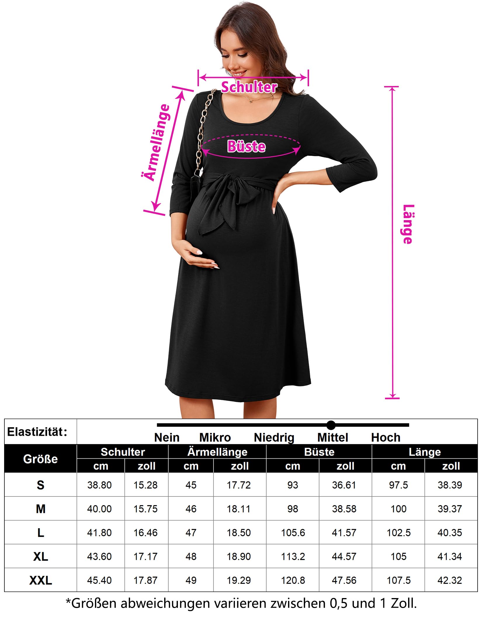 YesFashion Robe de grossesse à manches longues élégante pour femme - Robe d'allaitement légère - Décontractée - Col rond - Bretelles à nouer - Robe d'allaitement avec volants