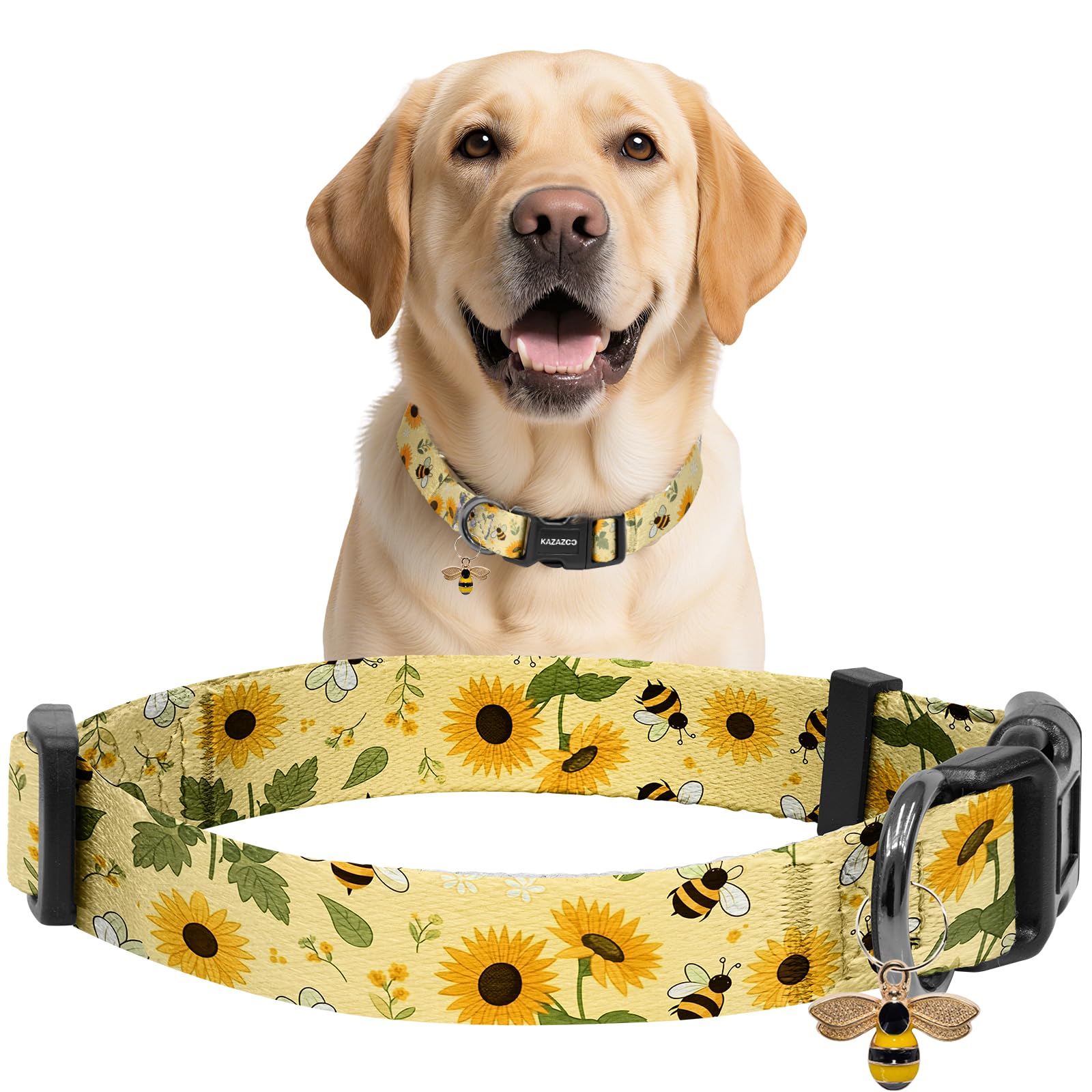 Kazazoo Dog Collar Cute and Soft Nylon Puppy Collar for Boy and Girl Dogs, Adjustable Dog Collars for Large Dogs, Bees and Sunflowers-L