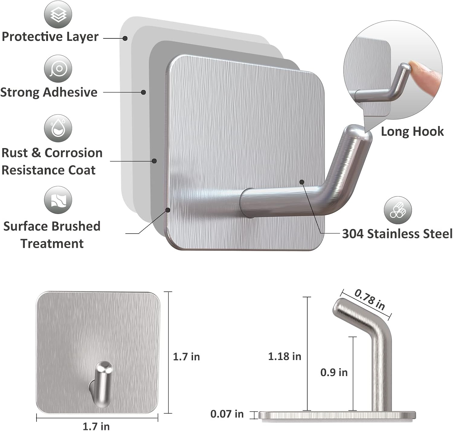 VIS'V Adhesive Hooks, Silver Self Adhesive Shower Wall Hooks Waterproof Stainless Steel Stick on Hooks Heavy Duty Kitchen Bathroom Sticky Hooks for Towel Loofah Key Cup Hat Coat - 6 Pcs