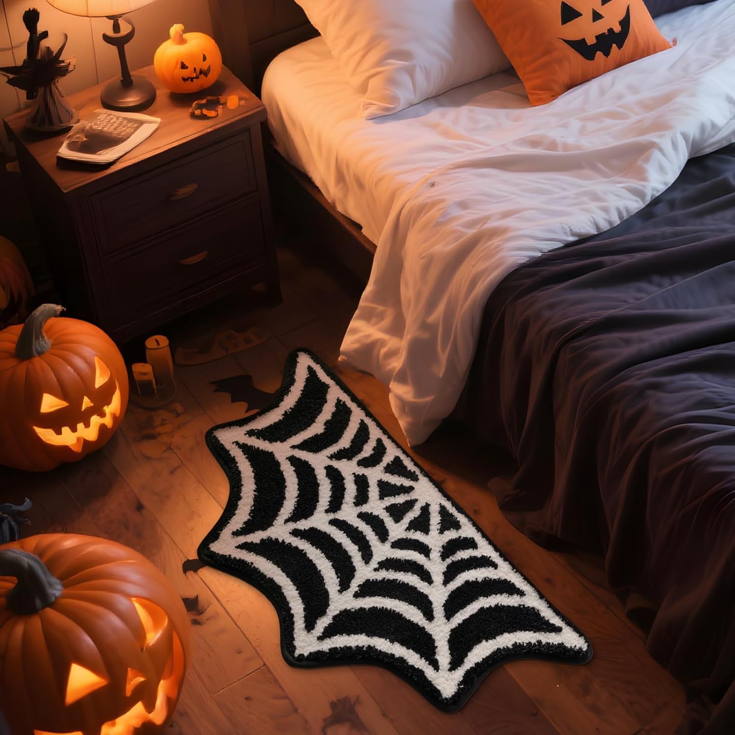 Spider Web Bath Mat 20x31 Inch Black, Soft and Absorbent Tufted Gothic Halloween Bathroom Rug Non Slip Washable, Gothic Bathroom Decor Rug Holiday Decorations