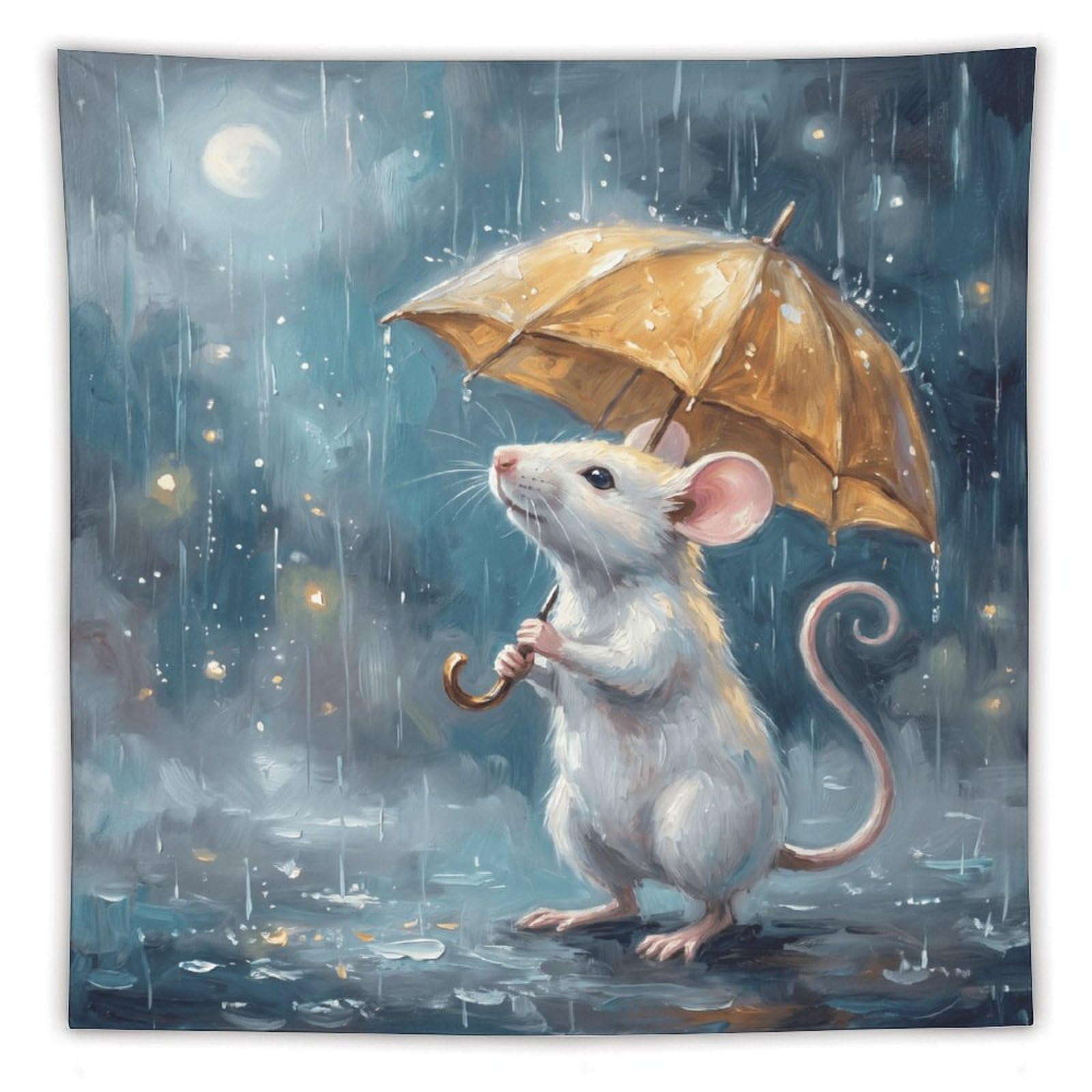 H3B8U2Y5 Umbrella Mouse Night Wall Tapestry, Storybook Illustration