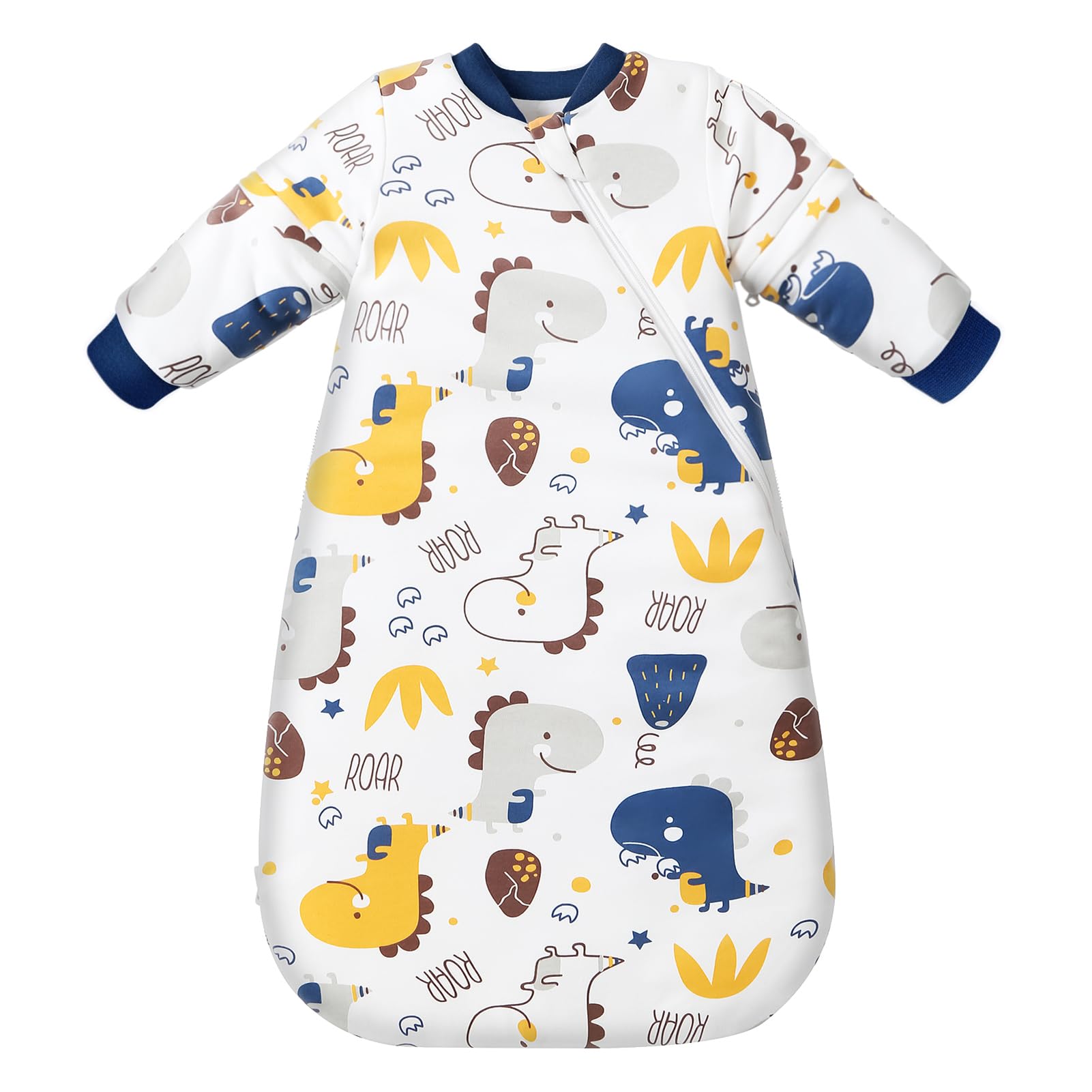 MIKAFEN Sacco nanna invernale per bambini 3,5 tog con maniche rimovibili, 100% cotone sacco a pelo con braccia,Piccoli Dinosauri 6-14 mesi