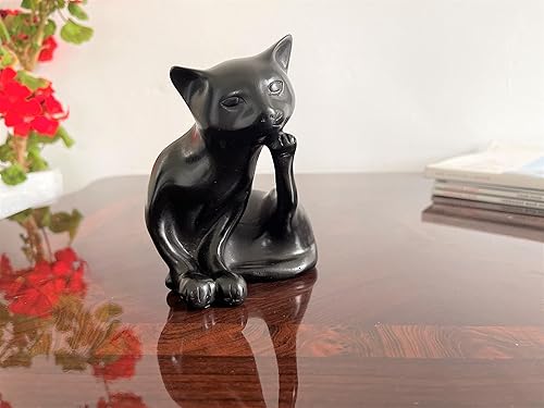 Miniatura 2 de Blue Orchid Lucky Feng Shui - Figura de gato negro, figura sentada, pisapapeles, estatua de resina coleccionable para estante de escritorio de mesa,