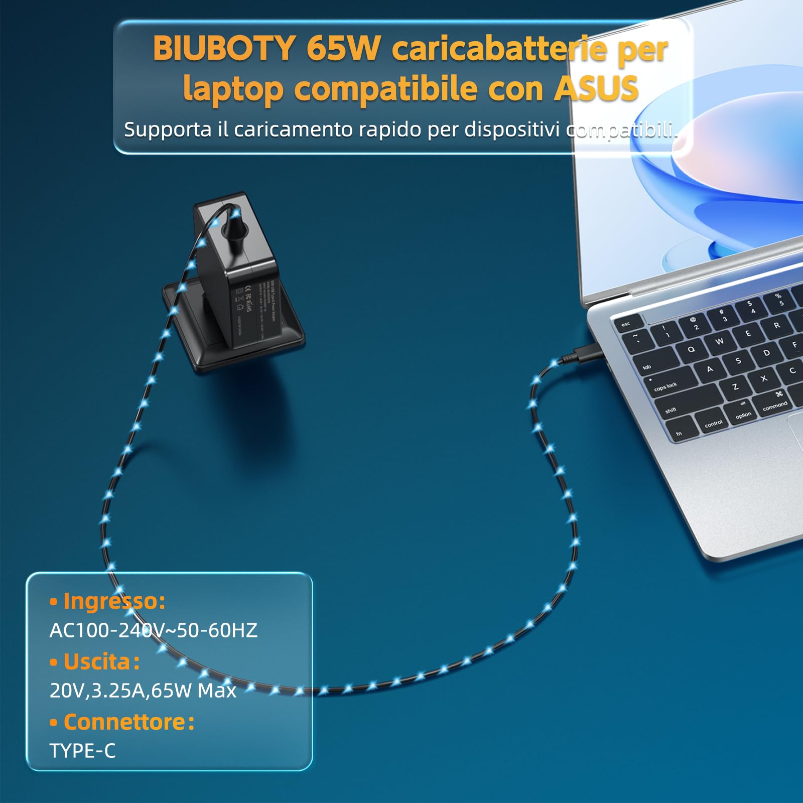 BIUBOTY Alimentatore USB C 65W 20V 3.25A Compatible con Macbook Pro/Air, HUAWEI Matebook, Lenovo Thinkpad Yoga, Xiaomi Air, HP ChromeBook, ASUS ZenBook caricatore per computer USB C