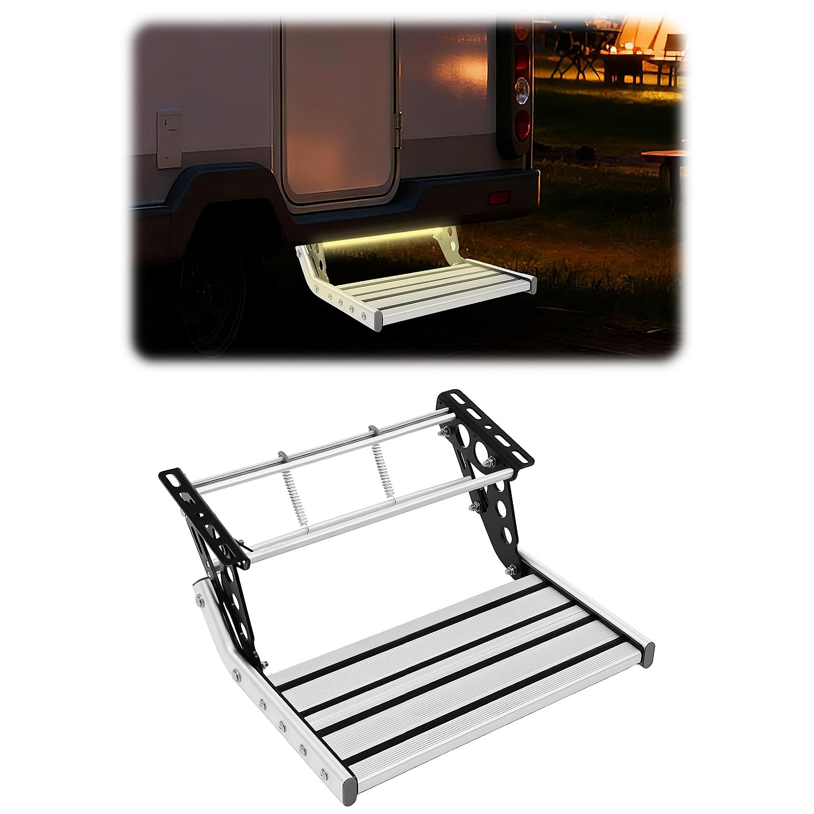 Marchepieds pour Camping-Car Antidérapante Aluminium Marche Pied Camping Car Jusqu'à 150KG Marche Pied Caravane avec Bande Lumineuse à LED Marchepied Pliable