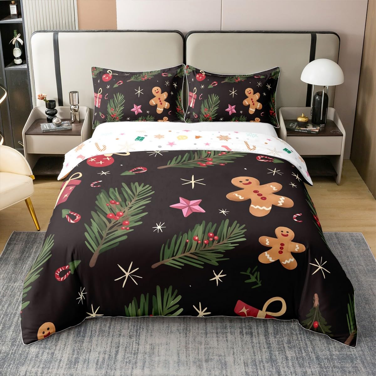 Homemissing Kids Merry Christmas Bedding Set Super King Size Cute Gingerbread Man Comforter Cover Set Boys Girls Leaf Branches Winter Theme 100% Cotton Duvet Cover Happy New Year Bedspread Cover