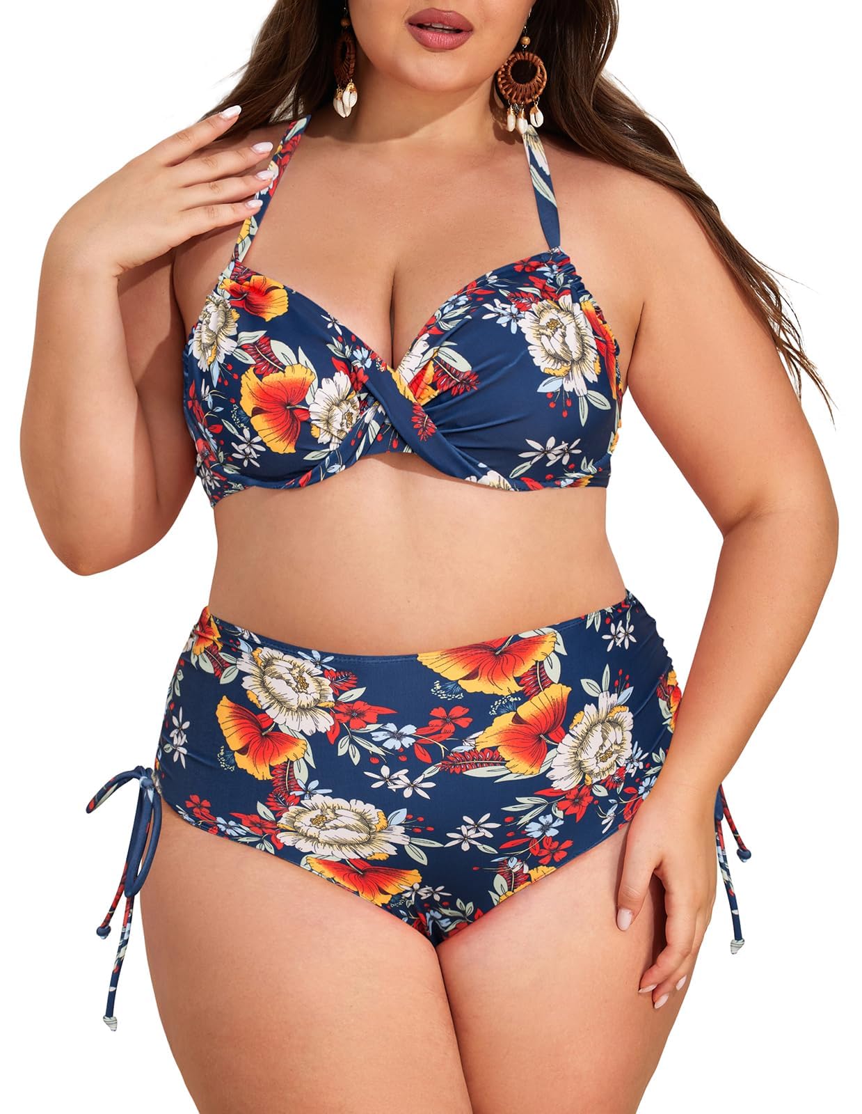 Hanna Nikole Bikini para mujer, tallas grandes, push-up, cuello en V, estampado floral cruzado, cintura alta, abdomen, traje de baño de dos piezas