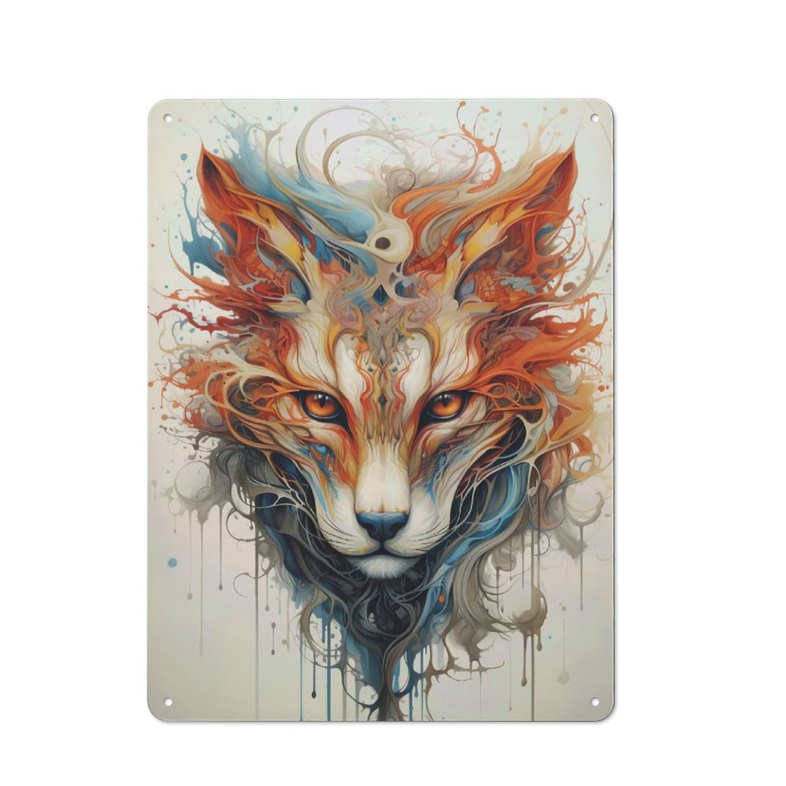 Abstract Fox Portrait with Watercolor Effect Retro Metal Sign 40x30cm for Garden Room Or Summerhouse, A Decorative Christmas Gift for Summerhouse Decorators