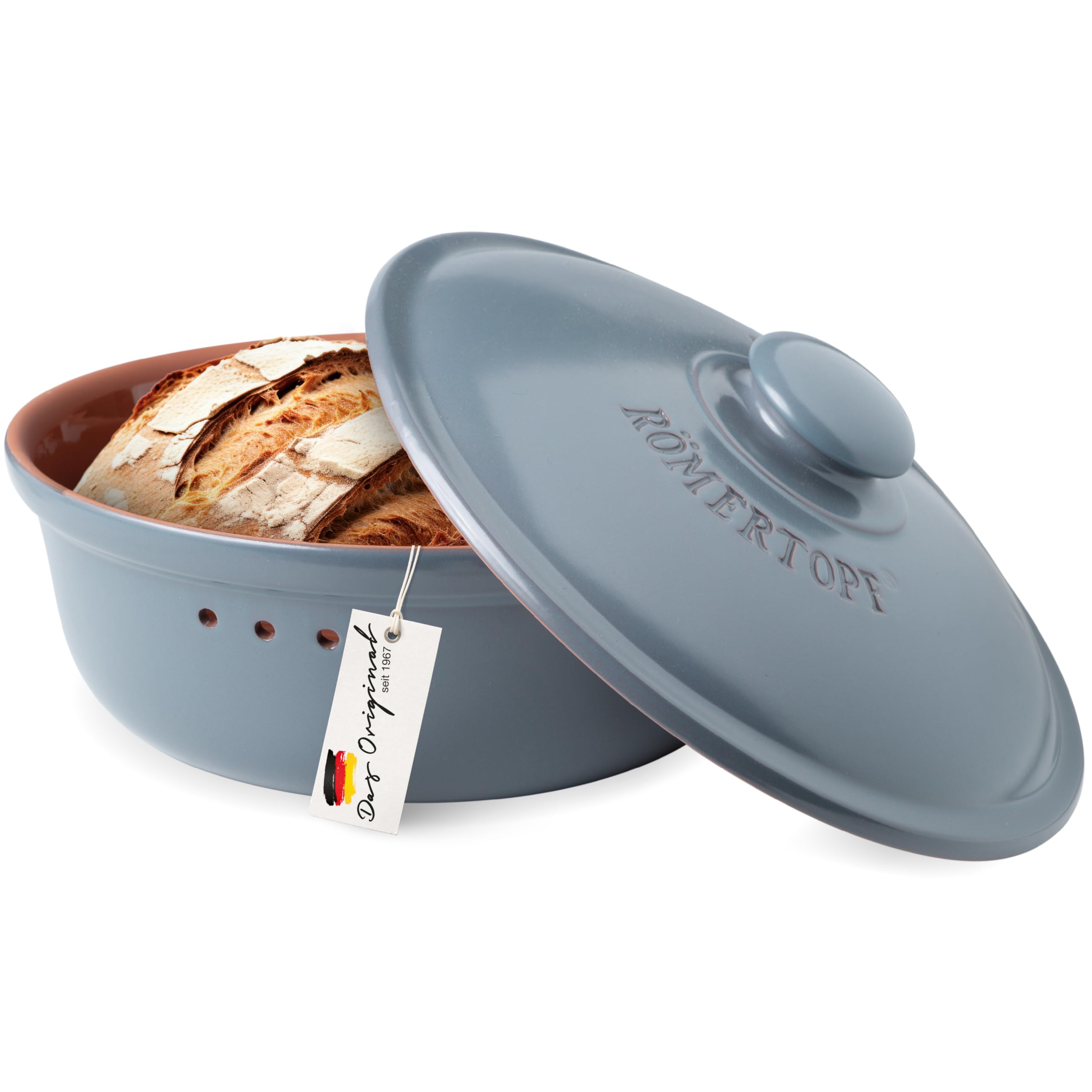 Römertopf Brottopf rund 4,5 L Brotkasten Keramik mit Deckel, Blau-Grau