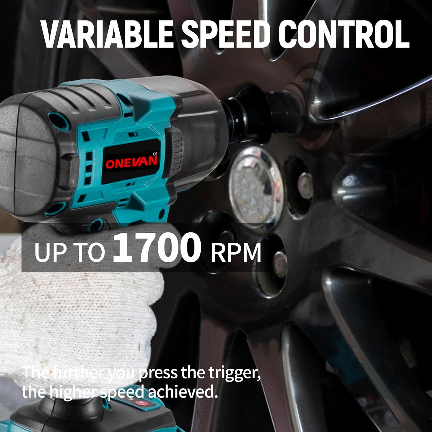 ONEVAN impact wrench in use on a car wheel, demonstrating variable speed control up to 1700 RPM
