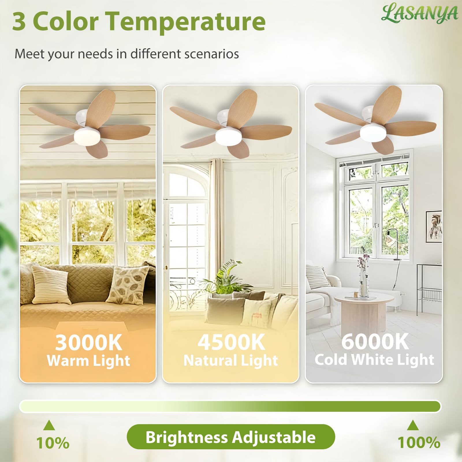Ventilatore da Soffitto con Luce e Telecomando Soggiorno Lampadario Ventilatore da Soffitto a 5 Pale Dimmerabile Per Camera da Letto Reversibile, 6 Velocità, Motore DC-White-Wood||88CM