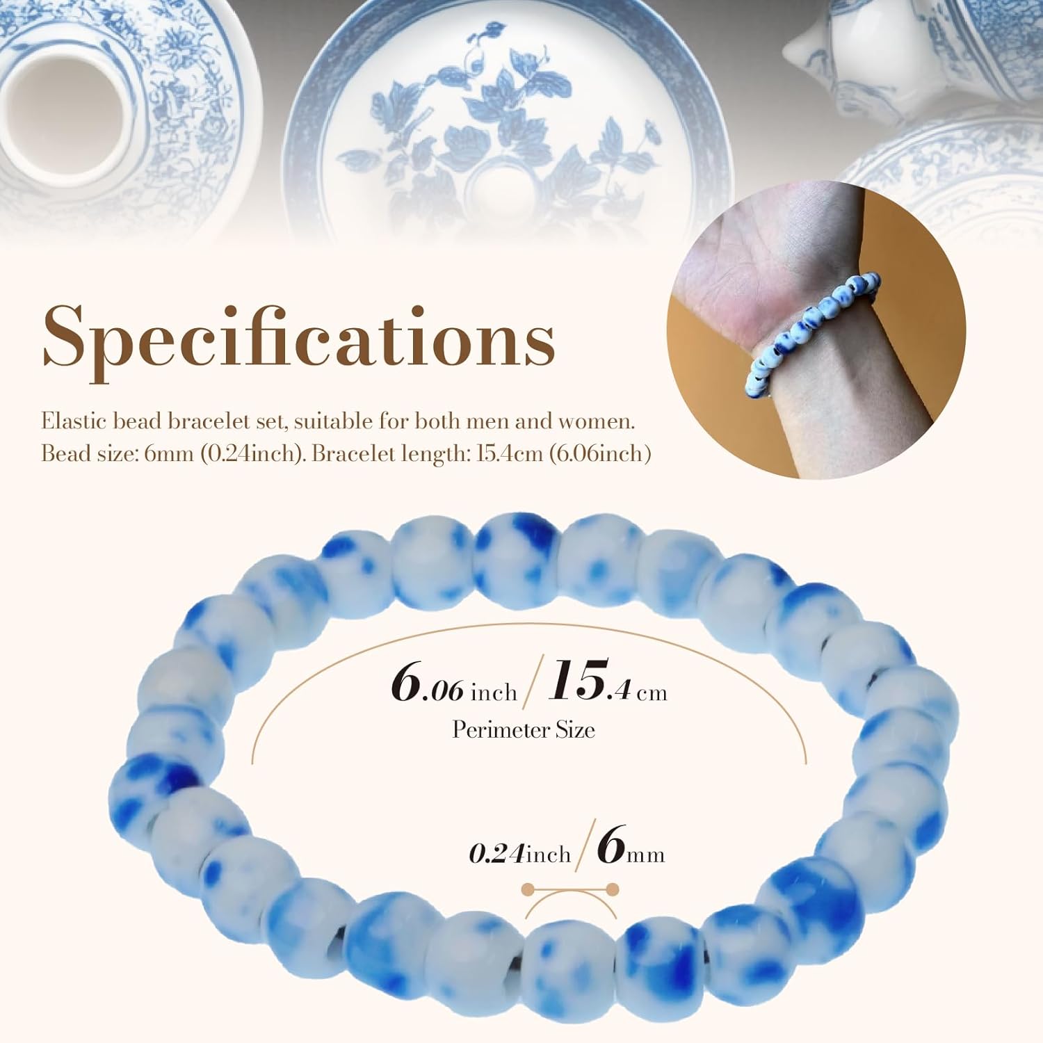 Natural Bead Elastic Bracelet, Stackable Bracelets for Women and Men 8mm Beads Strength Bracelets