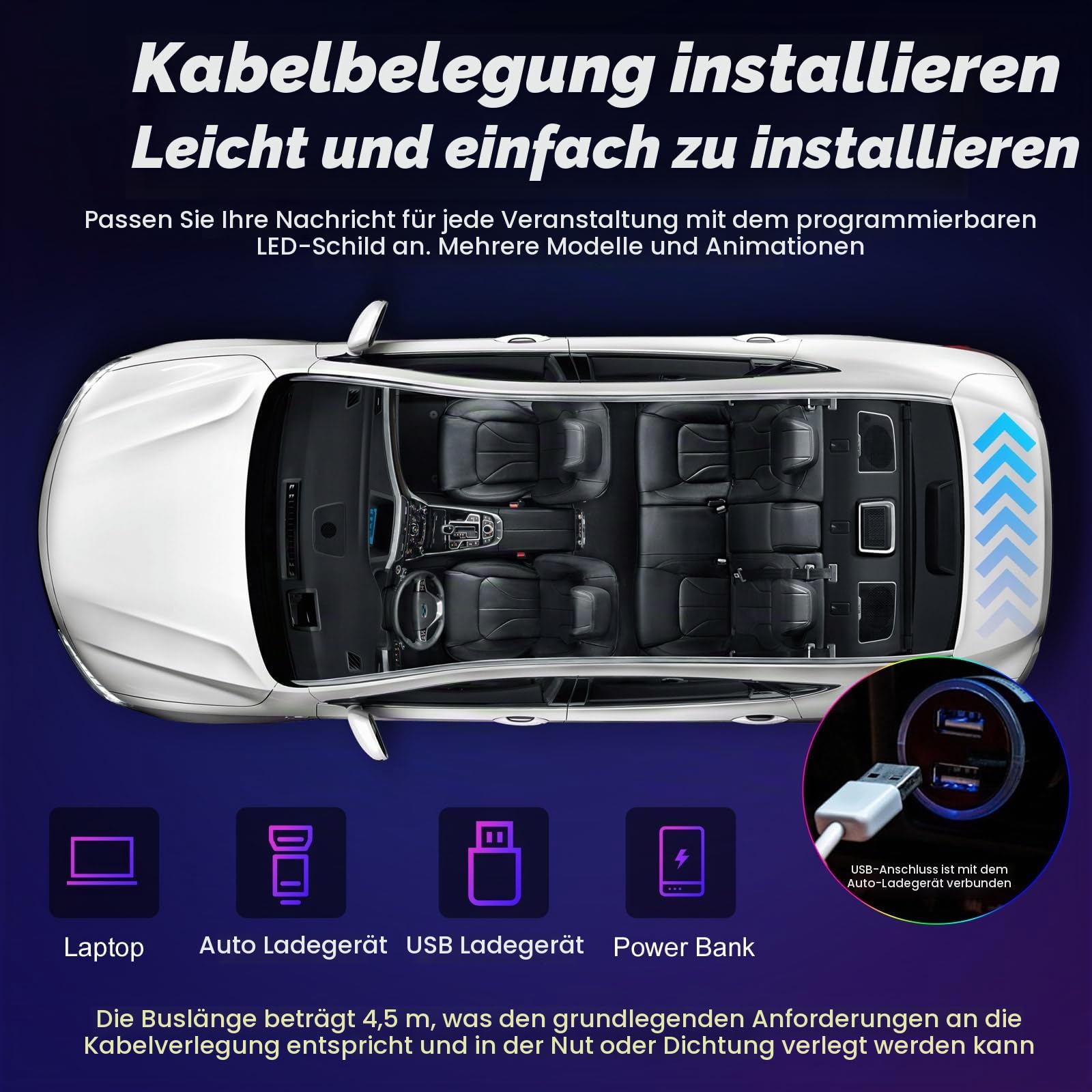 Transparente LED Laufschrift 40x10cm für Auto Frontscheibe, programmierbare LED Anzeige mit Bluetooth-App-Steuerung, USB 5V, personalisiertes LED-Display für Fahrzeug, individuelle Leuchtreklame