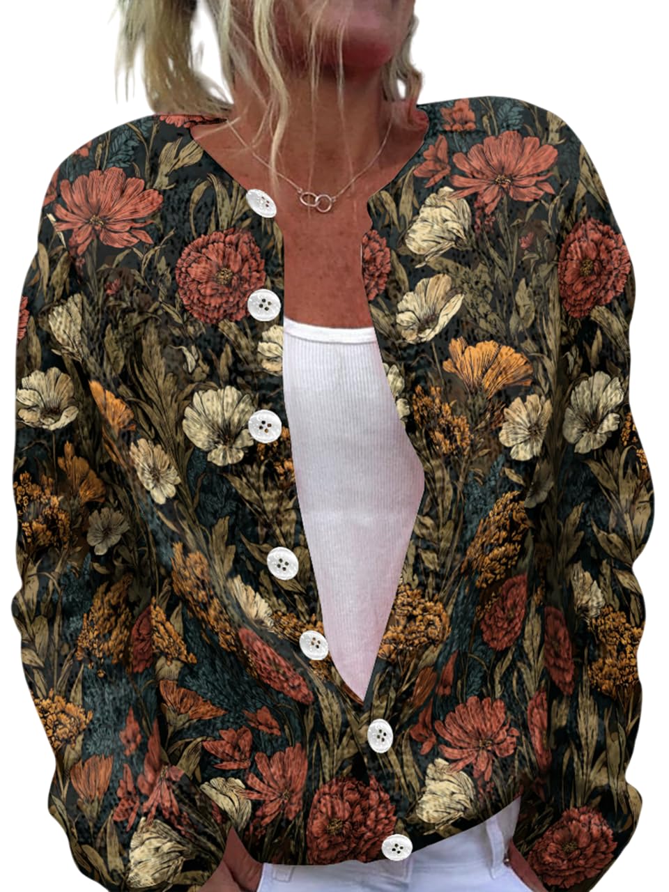 Floral Cardigan Sweaters for Women Cropped Sweater Knit Cardigans with Button Down Front Lightweight Fall Winter Sweaters