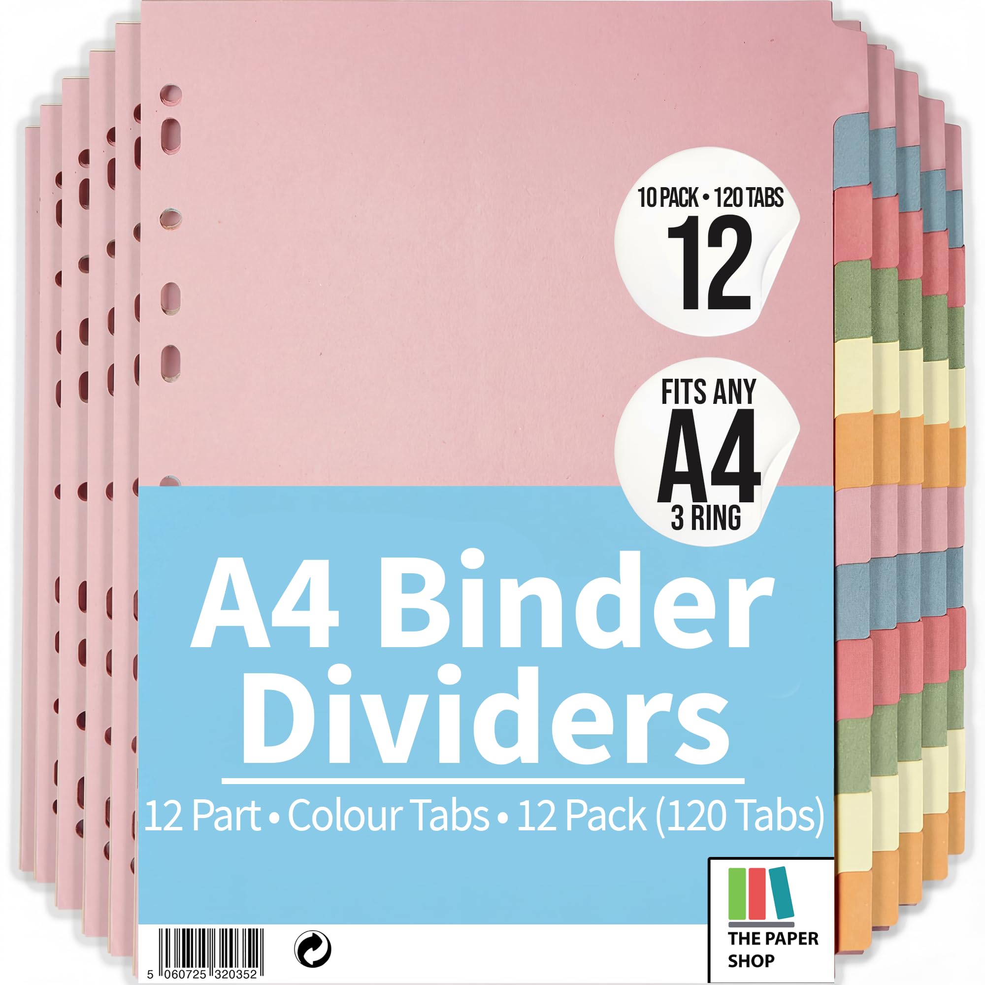 [10 Pack] Binder Dividers with Tabs A4 12 Part | Dividers for 3 Ring Binder | Perfect for Organizing Pages in 3 Ring Binder Dividers with tabs, Each Set Includes Tab Dividers - The Paper Shop