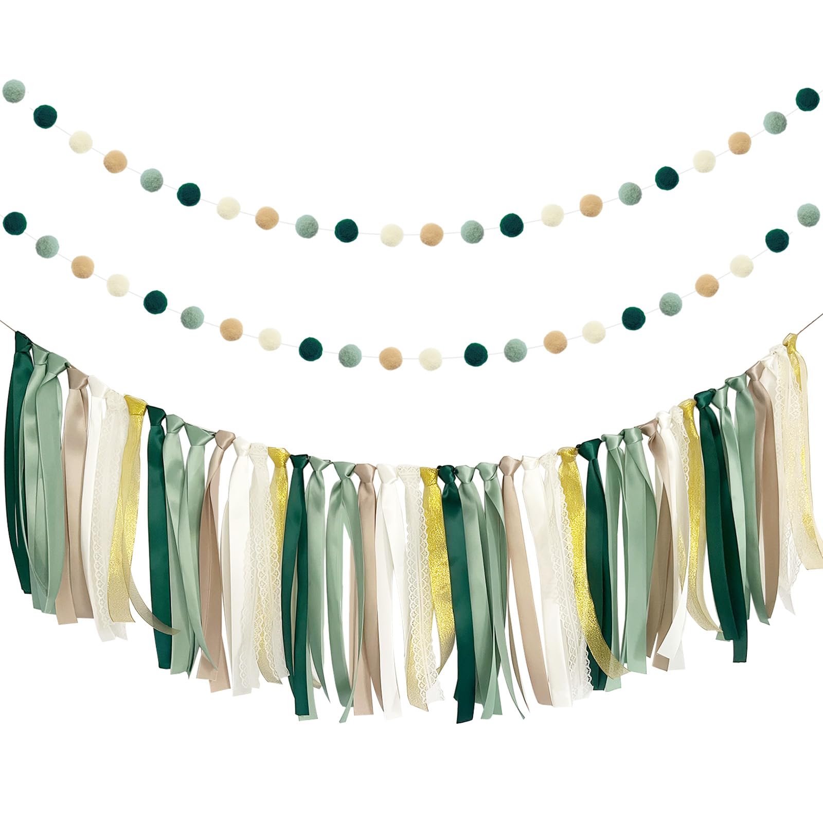 Guirnalda de bolas de fieltro con cinta verde salvia ANSOMO, pancarta de pompones de tela, color tostado, marrón, marfil y dorado, para cumpleaños, despedidas de soltera, baby shower, decoración de fiesta, safari salvaje, jungla, botánica, vegetación, suministros de decoración