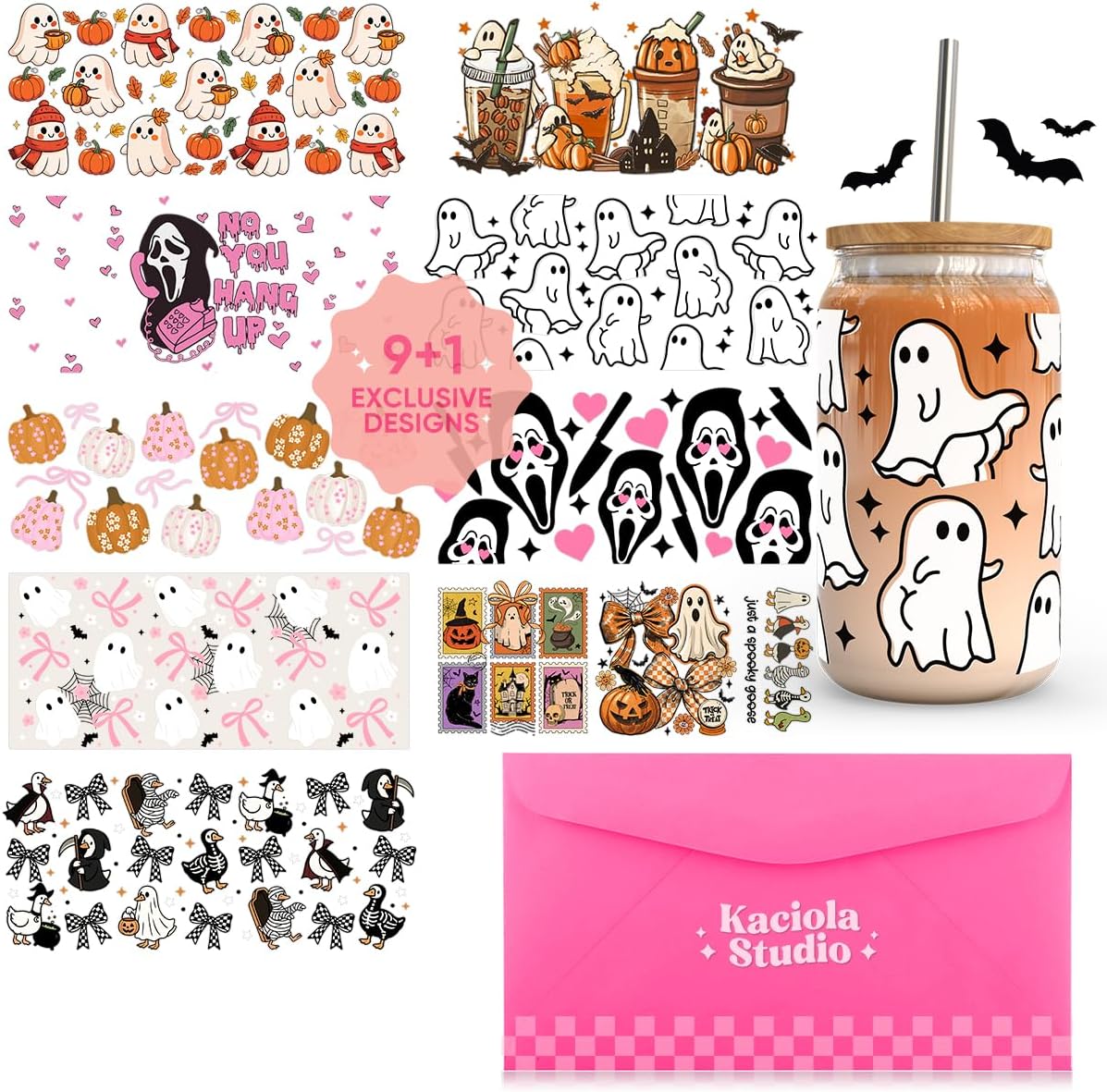 9 Sheets UV DTF Cup Wraps Halloween Transfer Stickers for 16oz Glasses