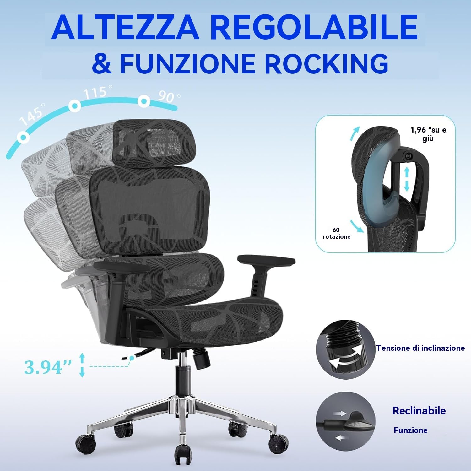 Sedia da Ufficio Ergonomica,Sedia Gaming con Schienale Alto in Rete,Braccioli 3D e Poggiatesta Regolabile,Comoda Sedia da Scrivania con Funzione Ribaltamento per Ufficio Domestico(Nero)