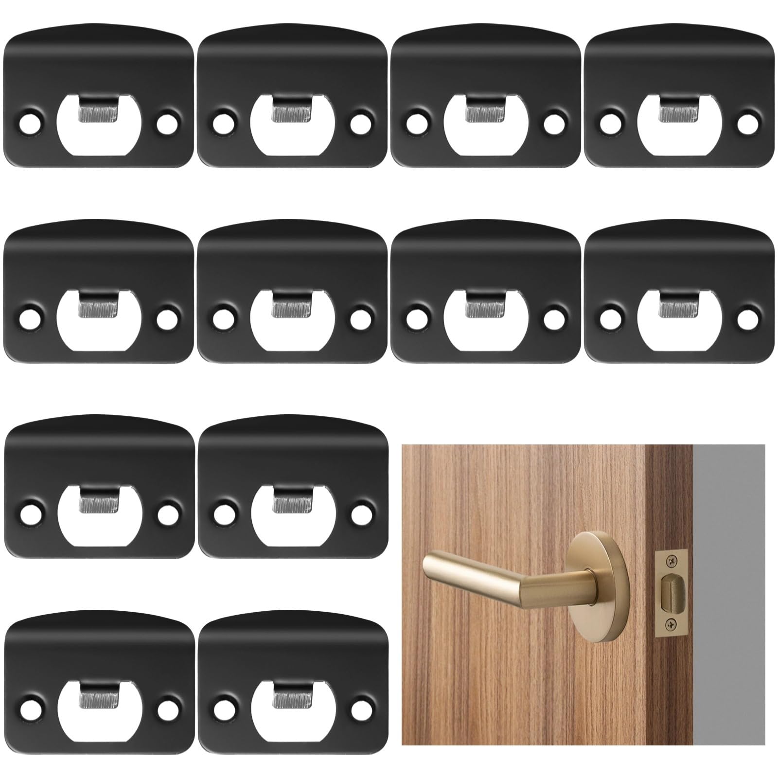 Lot de 12 plaques de gâche de porte en acier inoxydable, pour pêne dormant, coin rond à rebord complet, kit de renfort noir, compatibles avec la plupart des portes en bois et serrures standard