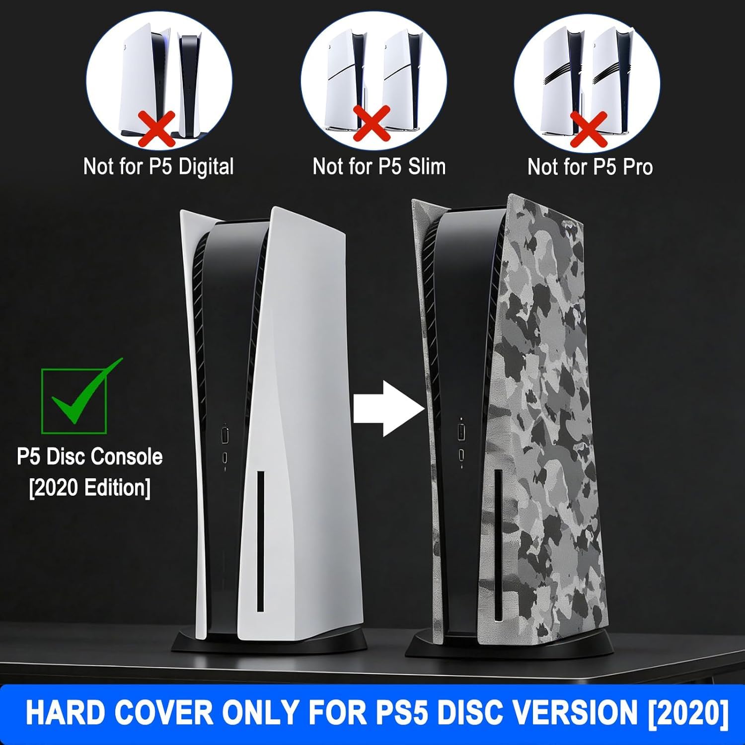 arVin Placa lateral de repuesto para PS5, cubierta de repuesto para consola PS5 versión disco, accesorios a prueba de polvo para consola PS5, funda ABS (camuflaje, versión de disco)