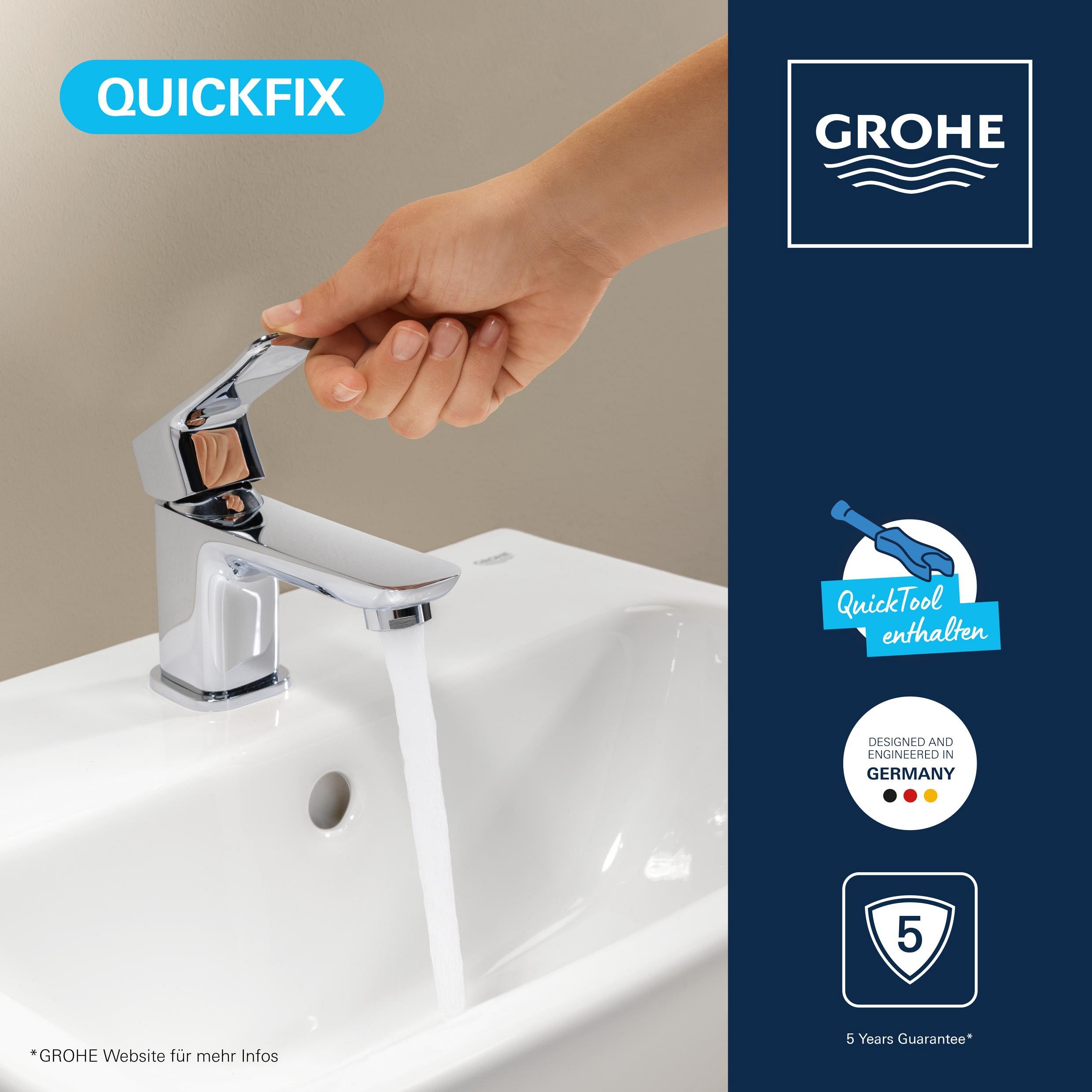 GROHE Dice, Waschtischarmatur klein, wassersparend (Wasserhahn für das Bad, Badarmatur mit Zugstangen-Ablauf, 12cm hoch, mit 3in1 Werkzeug, einfache Installation am Waschbecken), chrom, 1018550000