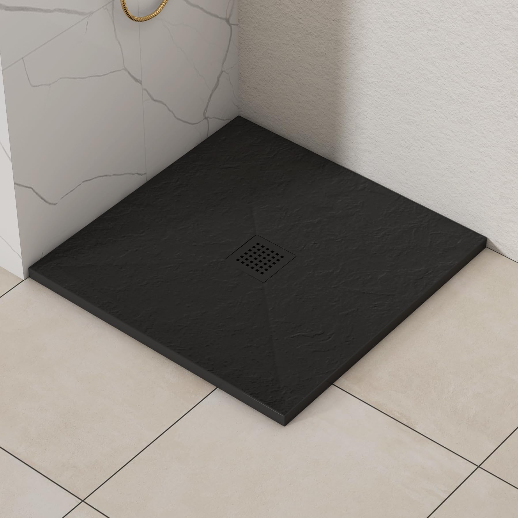 Luxor Square 900 x 900 x 30mm Black Slate Effect Stone Shower Tray Slip-Resistance for Shower Enclosure with Black Cover Grate