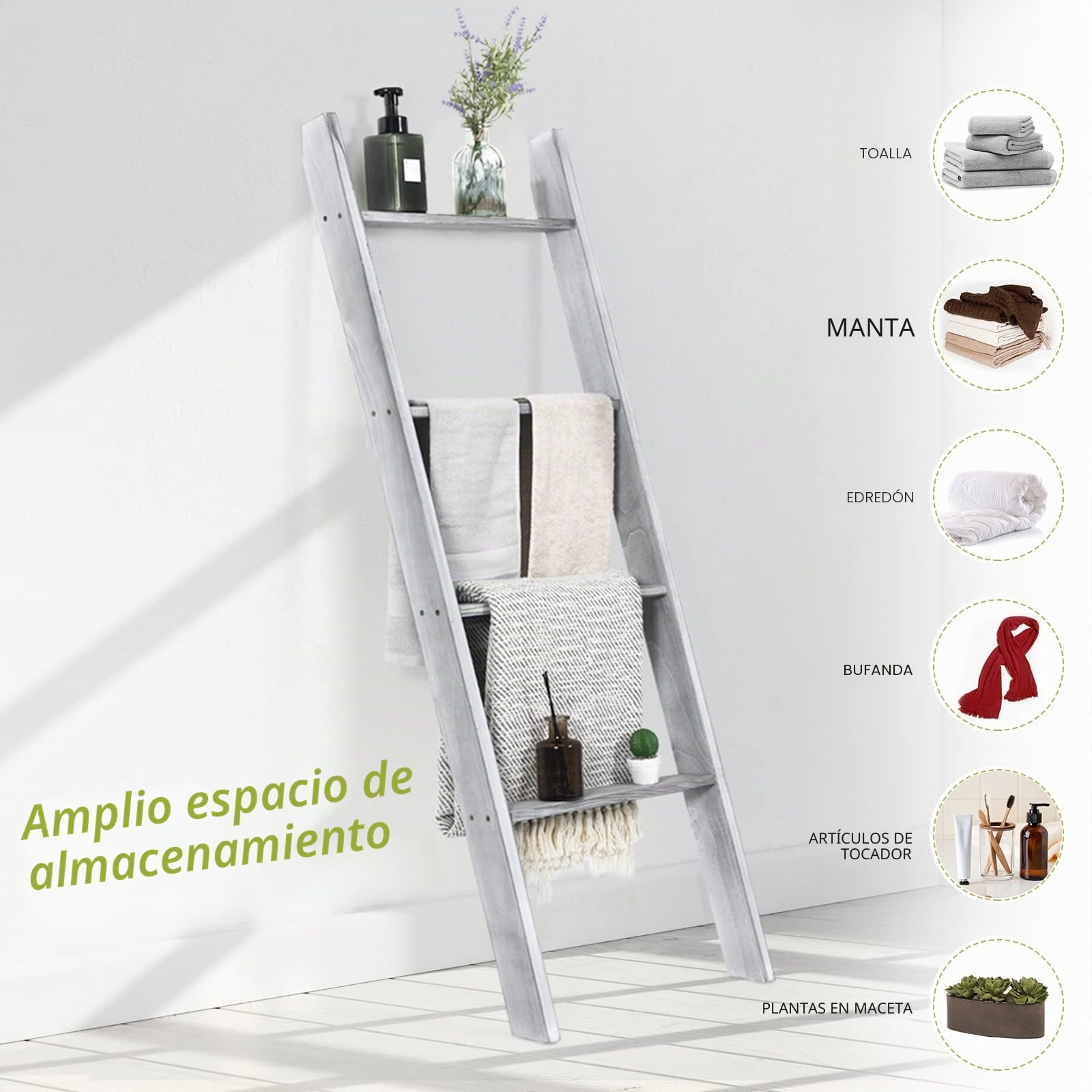 LIFEZEAL Toallero Escalera de 4 Niveles, estantería de Escalera Decorativa de Pared, Estante Escalera de Madera de Pino, Organizador de pie de Almacenamiento para Toalla baño, salón, Estudio (Gris)