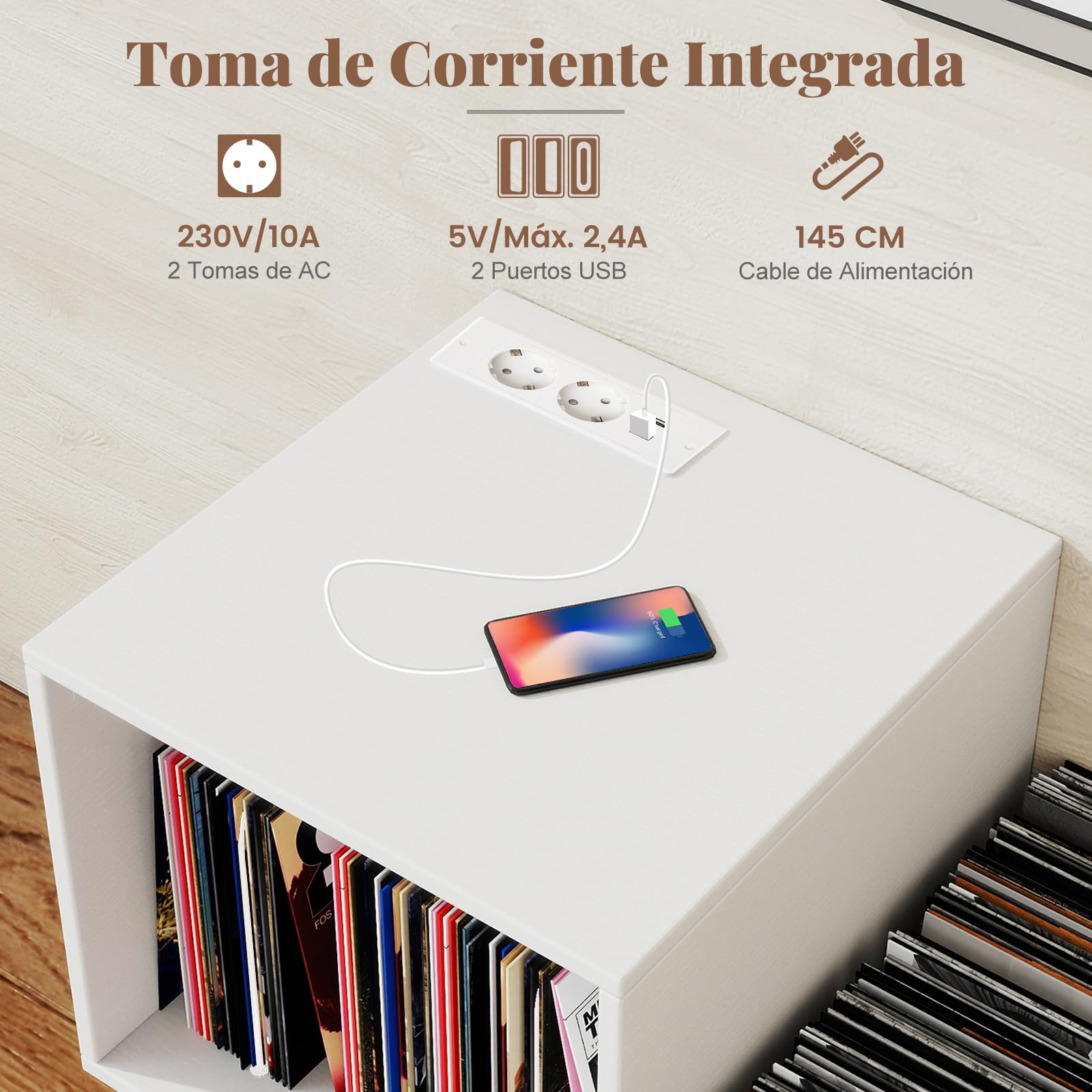 COSTWAY Mueble Tocadiscos con Estación de Carga, Soporte Tocadiscos con Divisor de Vinilos, Estante de Exhibición y Patas de Metal, Mesa Auxiliar de Discos hasta 145 Álbumes, 66x45x67 cm (Blanco)