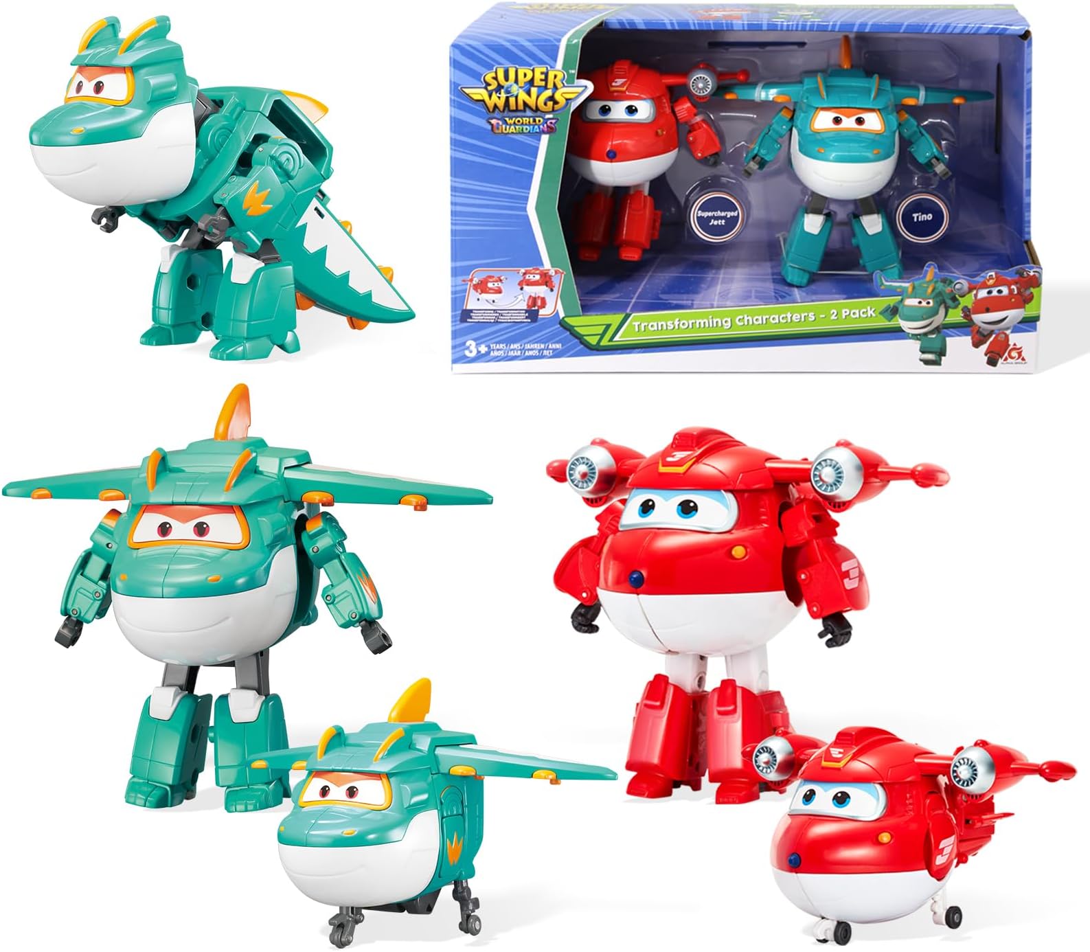 Super Wings 5 Inch Transforming Characters 2-Pack Transforming Supercharged Jett + Tino, Transformer Toy for 3+ Years Old Boys Girls