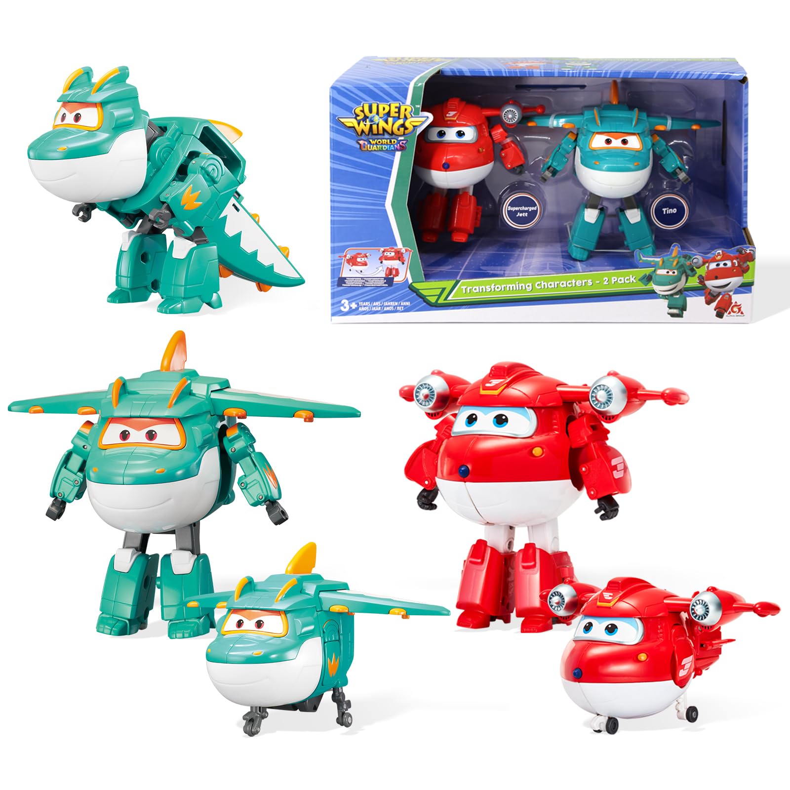 Super Wings 5 Inch Transforming Characters 2-Pack Transforming Supercharged Jett + Tino, Transformer Toy for 3+ Years Old Boys Girls