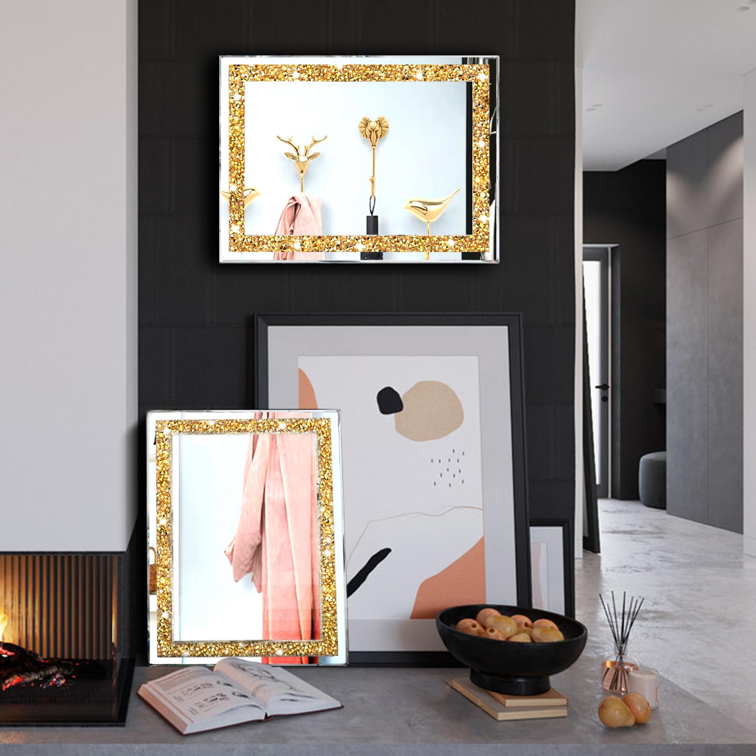 ZOLAPI Lot de 2 miroirs muraux en cristal avec strass et diamants pour couloir, accents dorés, pour salle de bain, chambre à coucher, 27,9 x 38,1 cm