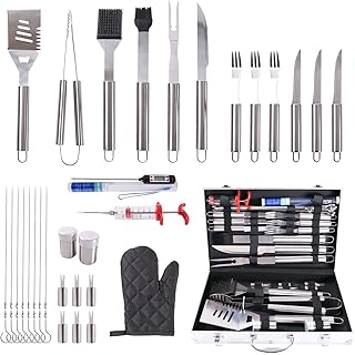 EUOSEN Kit d'outils de barbecue 32 en 1 - En acier inoxydable - Pour l'extérieur et l'intérieur - Avec boîtier en aluminium