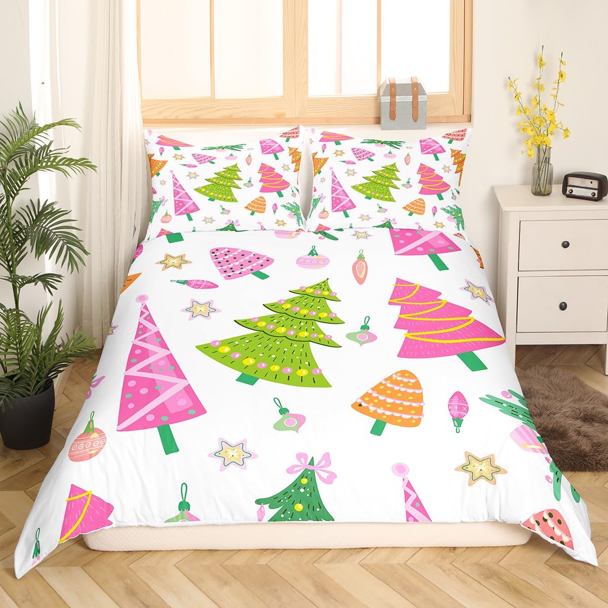 Kids Christmas Tree Bedding Set Twin Size Xmas Pine Pattern Duvet Cover for Boys Girls Teens Bedroom Decor Colorful Style Comforter Cover Set Women Men Christmas Bedspread Cover With 1 Pillow Case