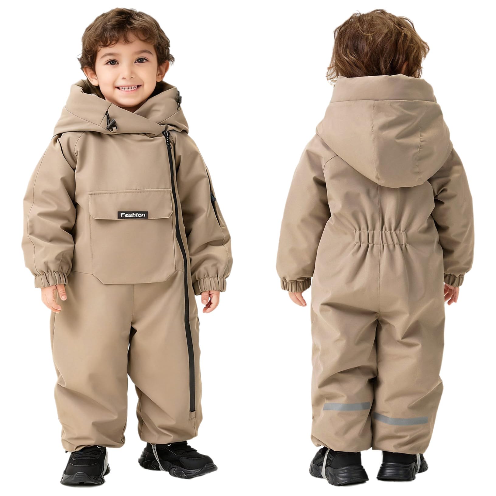 Bambino Pagliaccetto con Cappuccio Tutina in Pile Completo Neve a Manica Lunga Jumpsuit Body Tuta da Sci Caldo Nevicare Tuta da Snowboard Invernale Cachi 18-24 mesi