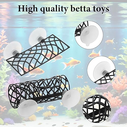 2 Pcs Betta Fish Toys, Betta Fish Tank Accessories, Aquarium Decor Swim Tube Hollow Cave Tunnel Hammock Hideout Shelter Toy with 4 Pcs Suction Cups for Guppies Small Fishes Shrimp (Black)