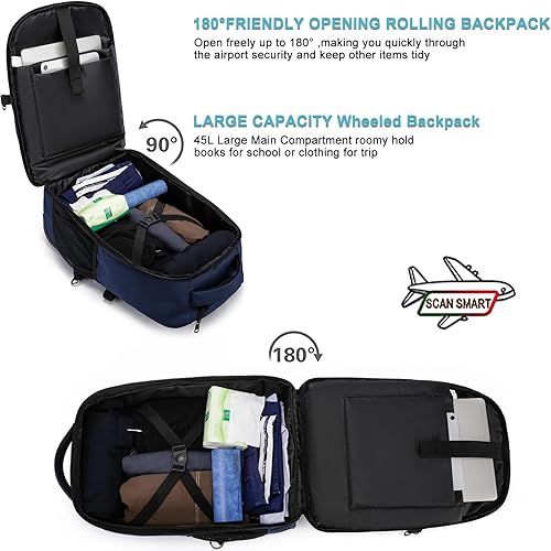 Miniatura 10 de Mochila con ruedas, mochila grande con ruedas para hombres, mujeres y adultos, mochila impermeable de 17 pulgadas para portátil de viaje, bolsa de