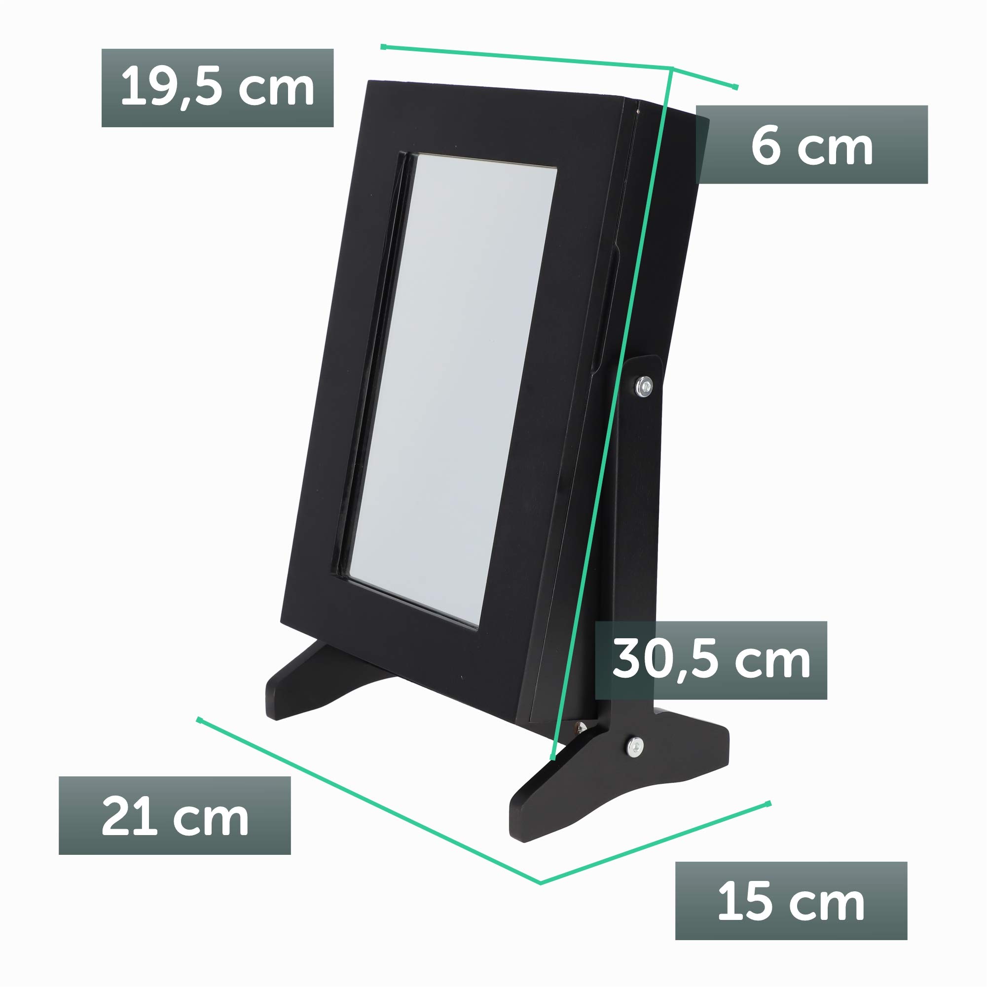 KADAX Boîte à bijoux avec miroir, 21 x 15 x 30,5 cm, boîte en panneau MDF, boîte à bijoux avec pieds, étui à bijoux pour chaînes, bagues (noir)