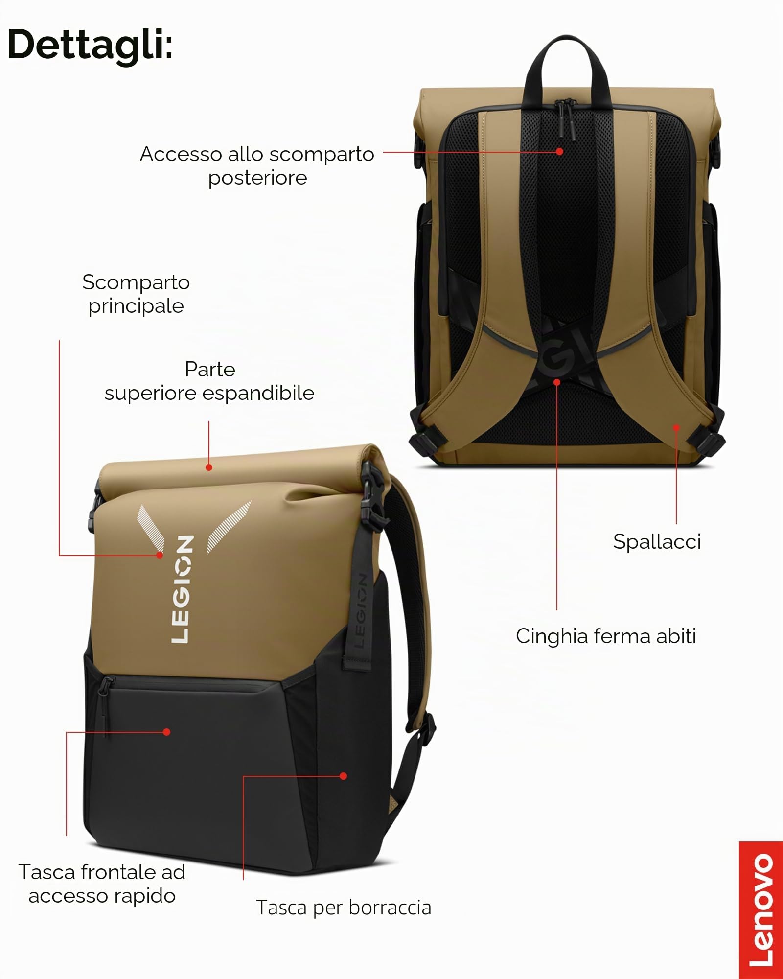Lenovo Legion Gaming GB500 - Zaino per computer portatile da 16", capacità espandibile fino a 25 l, resistente all'acqua