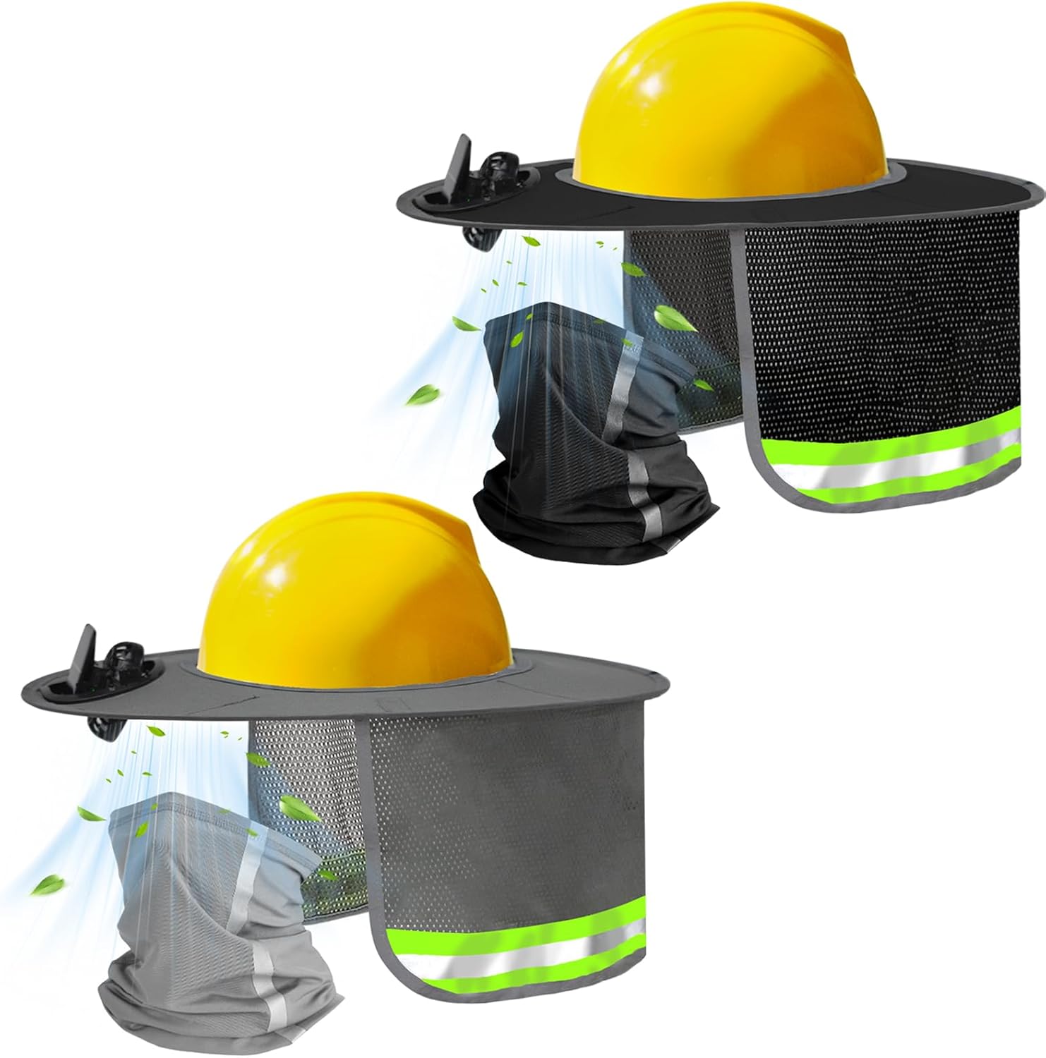 2 Set Solar Fan Hard Hat Sun Shade with Face Shield, Outdoor Fishing Hat Sun Visor for Men Women, Construction Accessories Full Brim Mesh Sunshade with Reflective Strip, Gray & Black