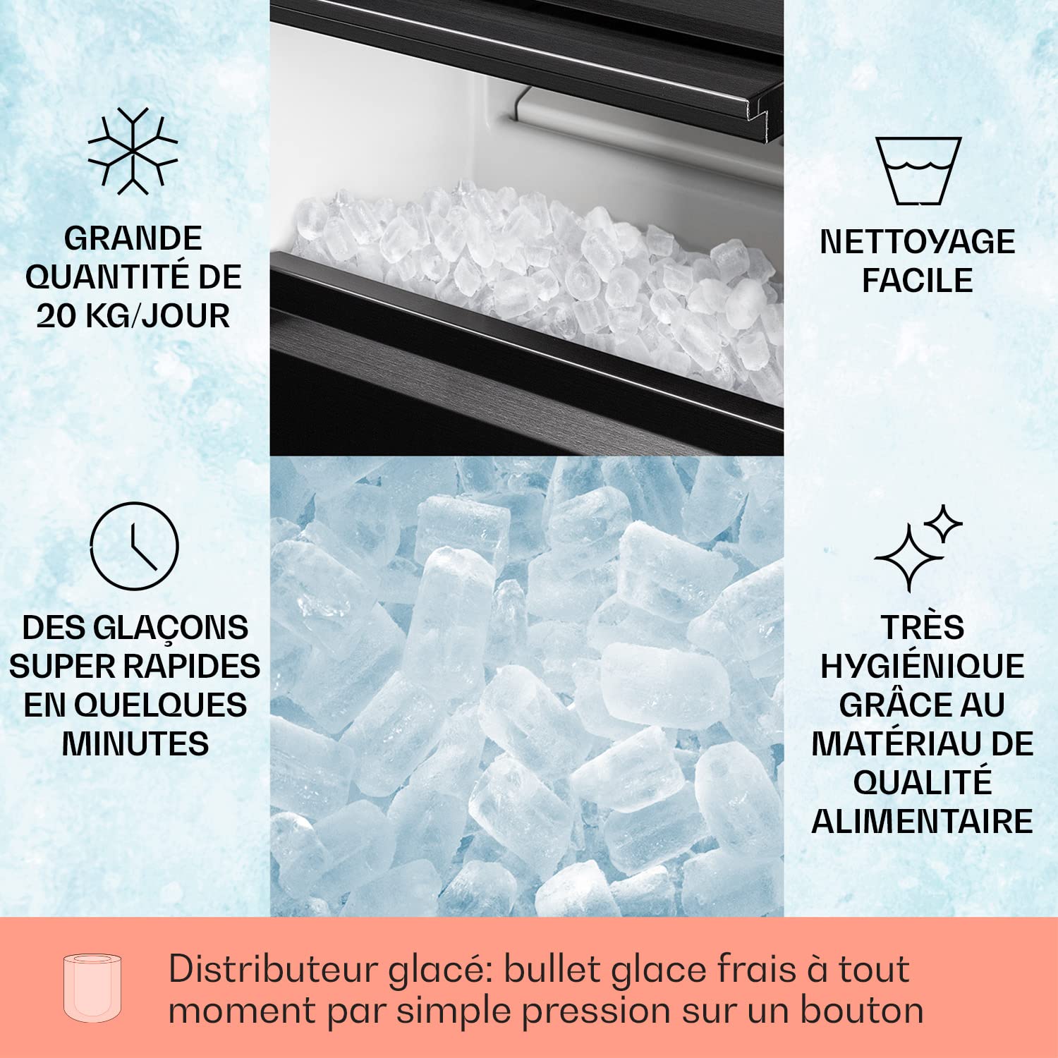 Klarstein Machine a Glacons Portable pour la Maison en Acier Inoxydable, Capacité de 1,3L, Machine a Glaces, Ice Maker Afichage LED, 145W, R600a, Capacité 20 kg, Stockage 3,5 kg, Pelle à Glace et Bac