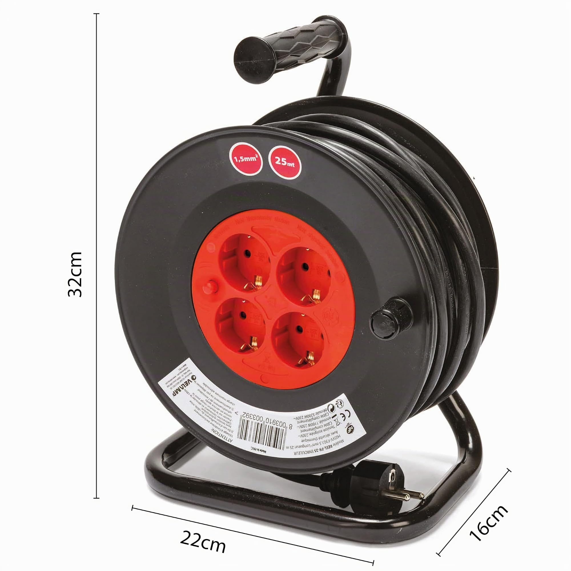Enrouleur de câble DIY 4 prises standard Schuko, câble H05VV-F3G1.5MM2, 25M, CE
