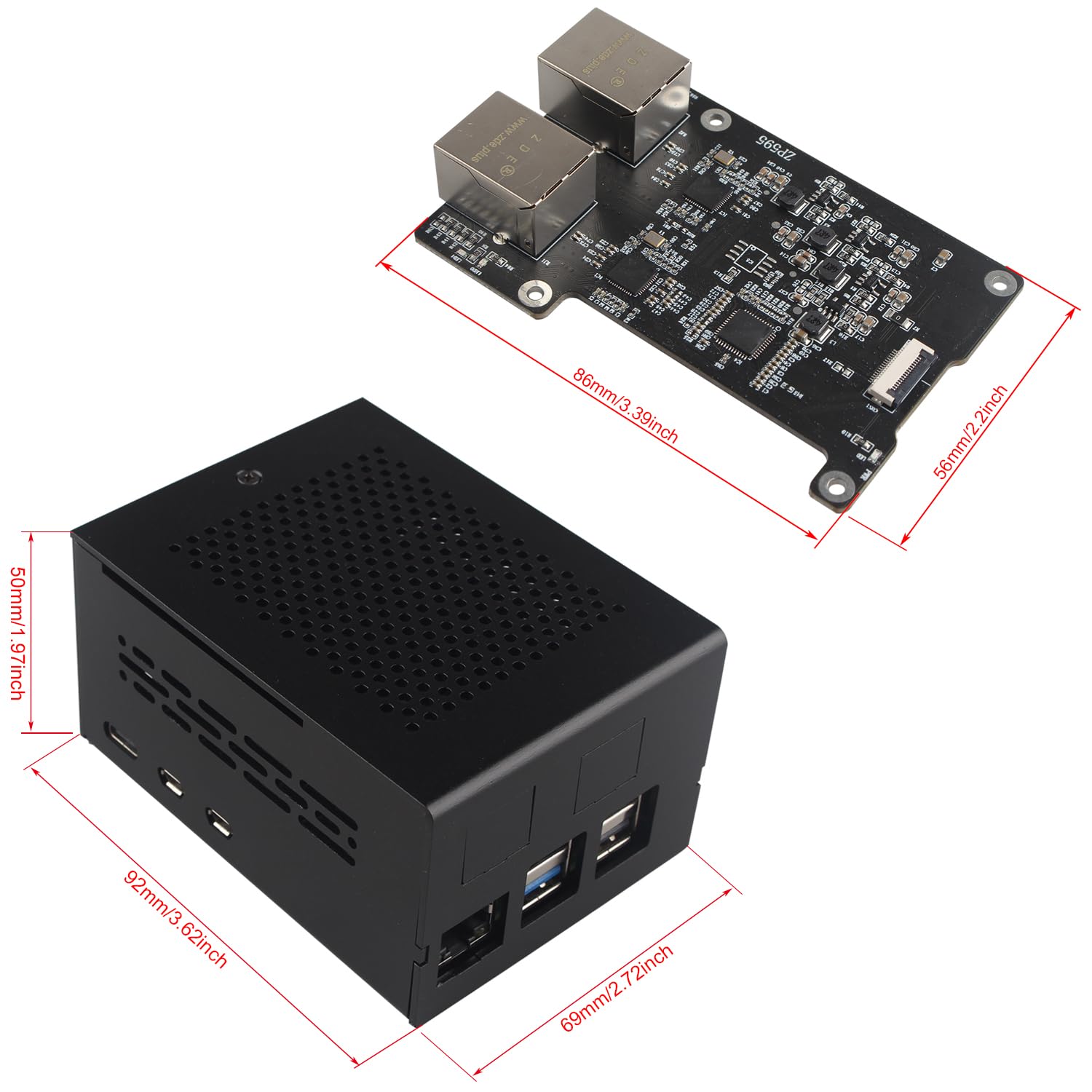 ZDE ZP595 PCIe to Dual 2.5G Ethernet Port HAT Expansion Board 2.5GB 2.5GBE with ZC506 Aluminum Case for Raspberry Pi 5 2GB 4GB 8GB 16GB