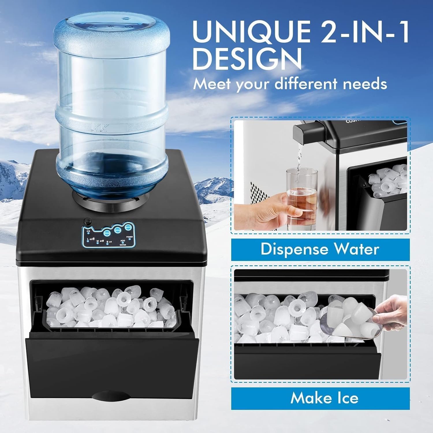 Máquina De Hielo Con Dispensador De Agua Fría, 48 Libras/24 Horas De Producción De Cubitos De Hielo, 12 Cubitos De Hielo Grandes En 8-10 Minutos, Incluye Pala Y Cesta De Almacenamiento.