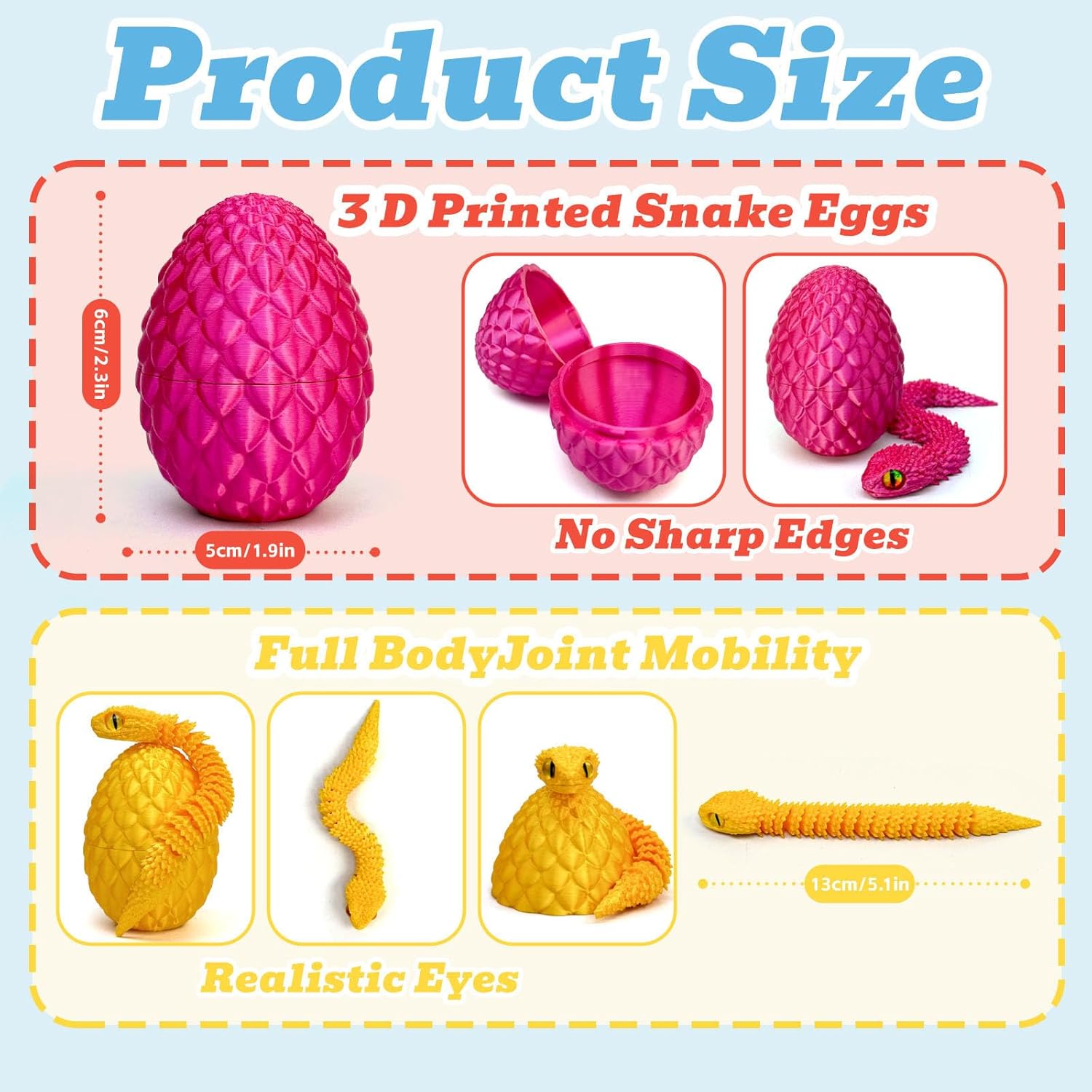 18PCS 3D Printed Snake Toy, Easter Basket Stuffers Mini Mystery Crystal Egg Fidget Toy, 3D Printed Animals Unique Easter Basket Essentials for Kids,Party Favors for Kids 8-12 (18PCS-B)