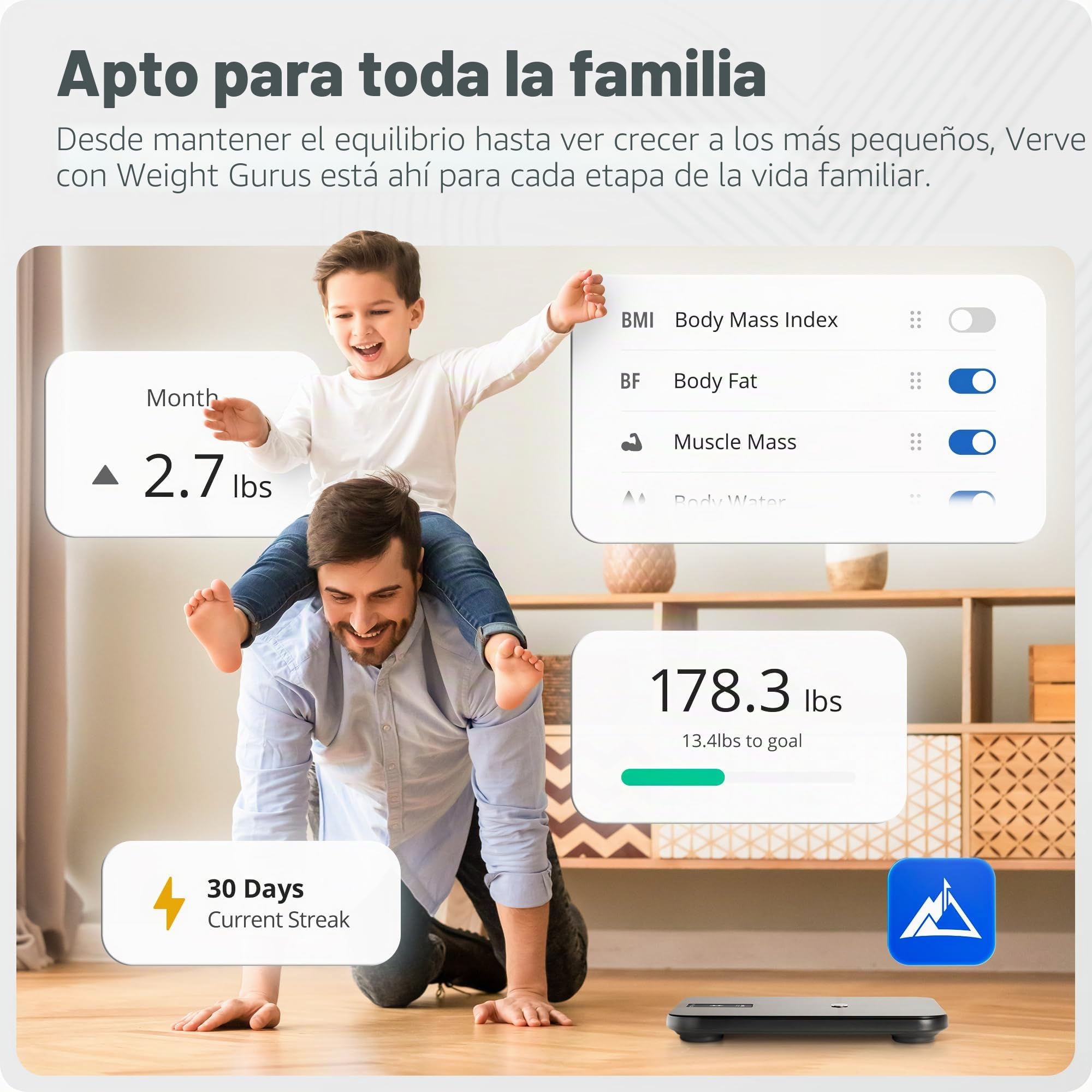 Greater Goods Báscula inteligente: rastrea tu viaje de pérdida de peso con precisión verificada y monitoreo inteligente basado en objetivos | Sincronización Wi-Fi y Bluetooth