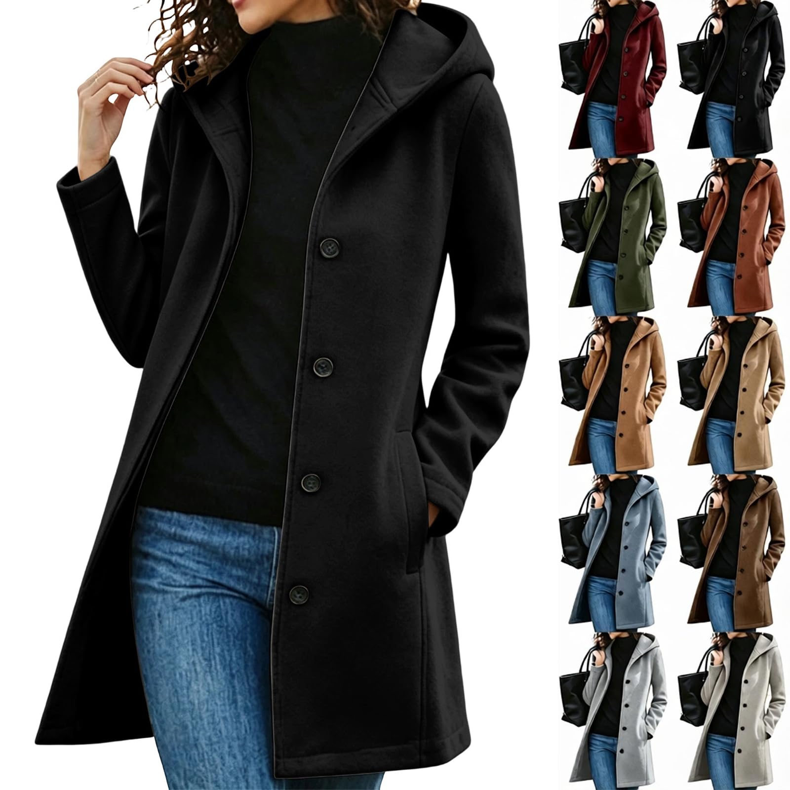 FPMLUXLL Pea Coats for Women Hooded Long Sleeve Single-Breasted Trench Coat
