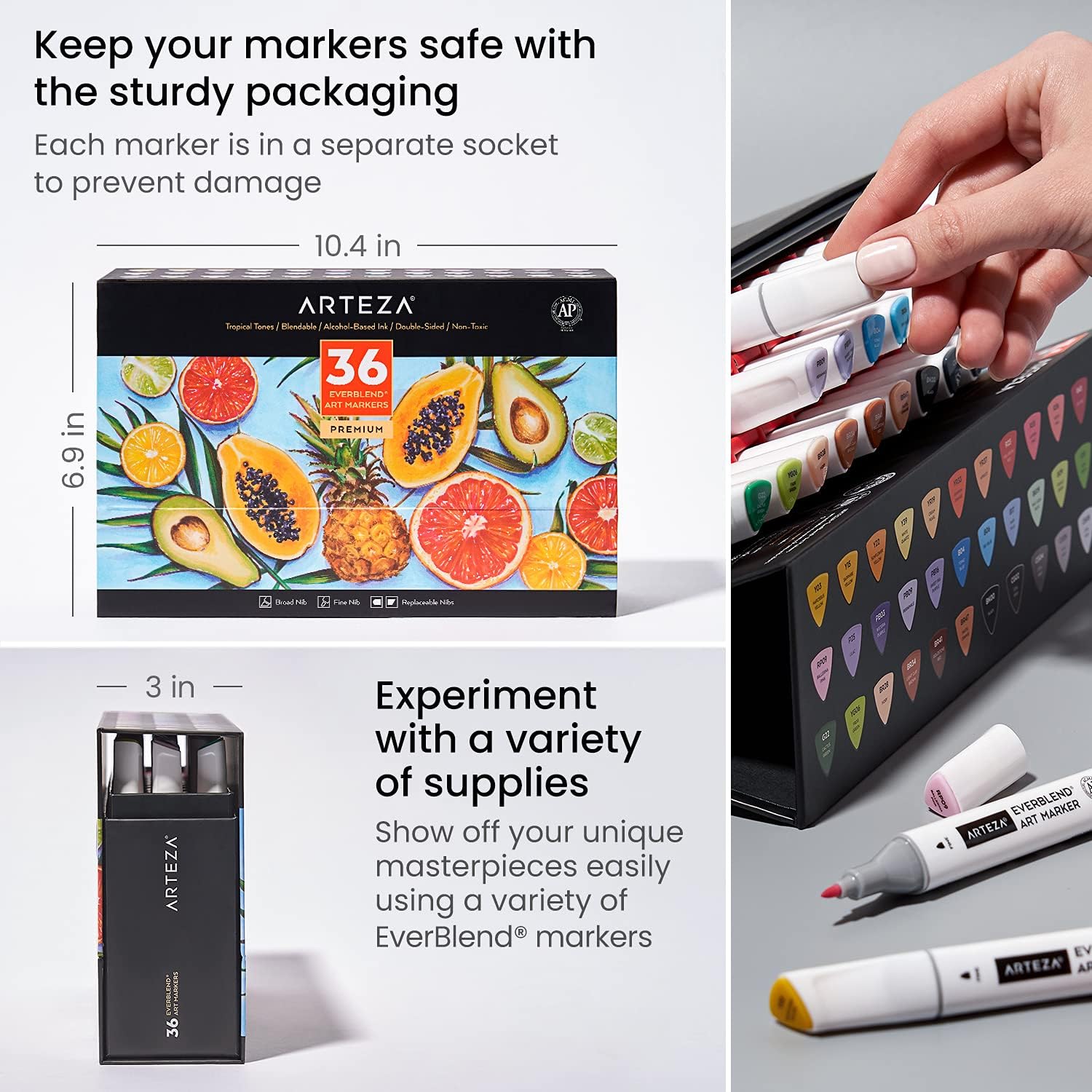 ARTEZA Alcohol Art Markers, Set of 36 Colors, Tropical Tones, Everblend Sketch Pens in Organizer Box, Dual Tips