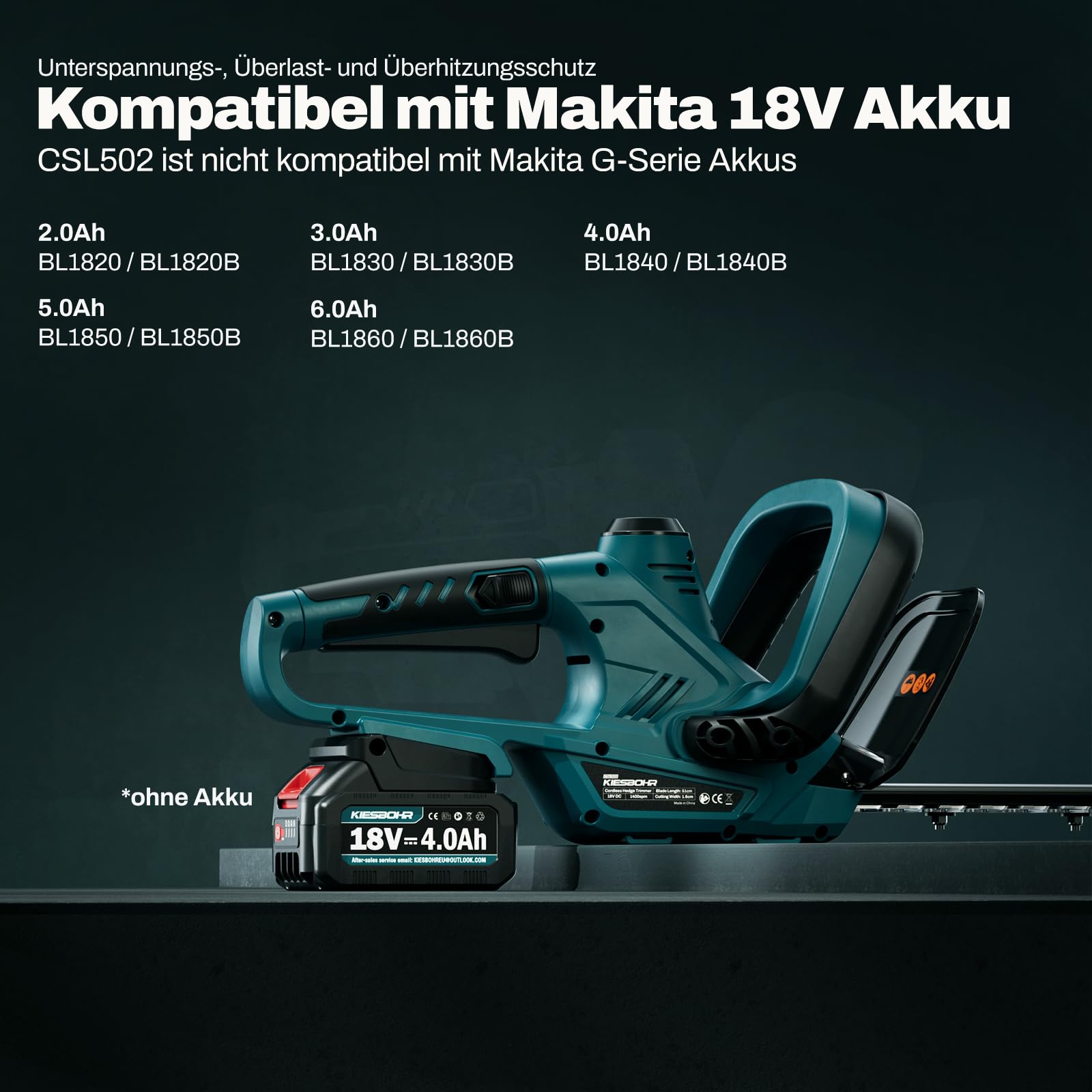 Ogród CSL502 akumulatorowe nożyce do żywopłotu, kompatybilne z akumulatorami Makita 18 V, długość cięcia 51 cm, odstęp między zębami 16 mm, CSL502 lekkie nożyce do żywopłotu (bez baterii)
